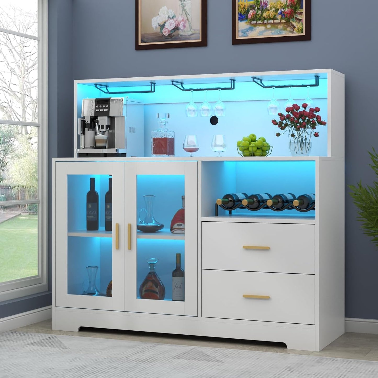 Bar Cabinet for Home with LED Light, Coffee Bar Cabinet with Wine & Glass Rack, Wine Cabinets with Drawers & Microwave Stand, Modern Liquor Cabinets for Kitchen, Living Room, Dining Room (Black)