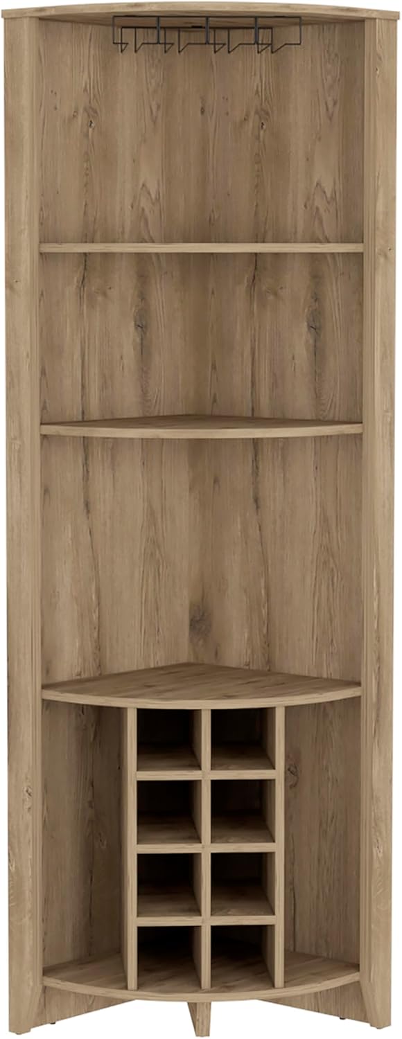 Corner Bar Cabinet, Three Shelves, Eight Built in Wine Rack, Two Side Shelves Macadamia
