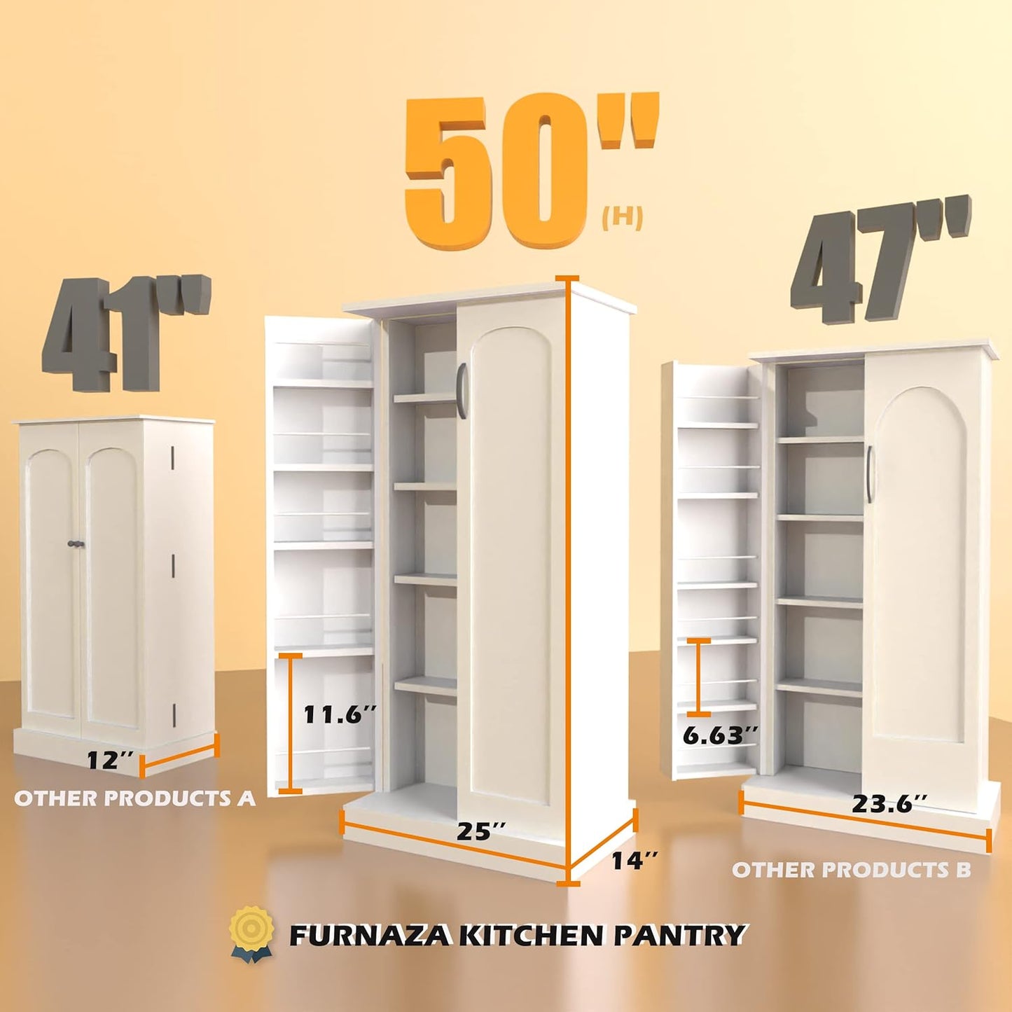 50" LED Kitchen Pantry Storage Cabinets - Standing Food Cabinets Cupboards with 2 Doors with Racks and Shelves Adjustable for Small Space in Dinning Room, Living Room, in White