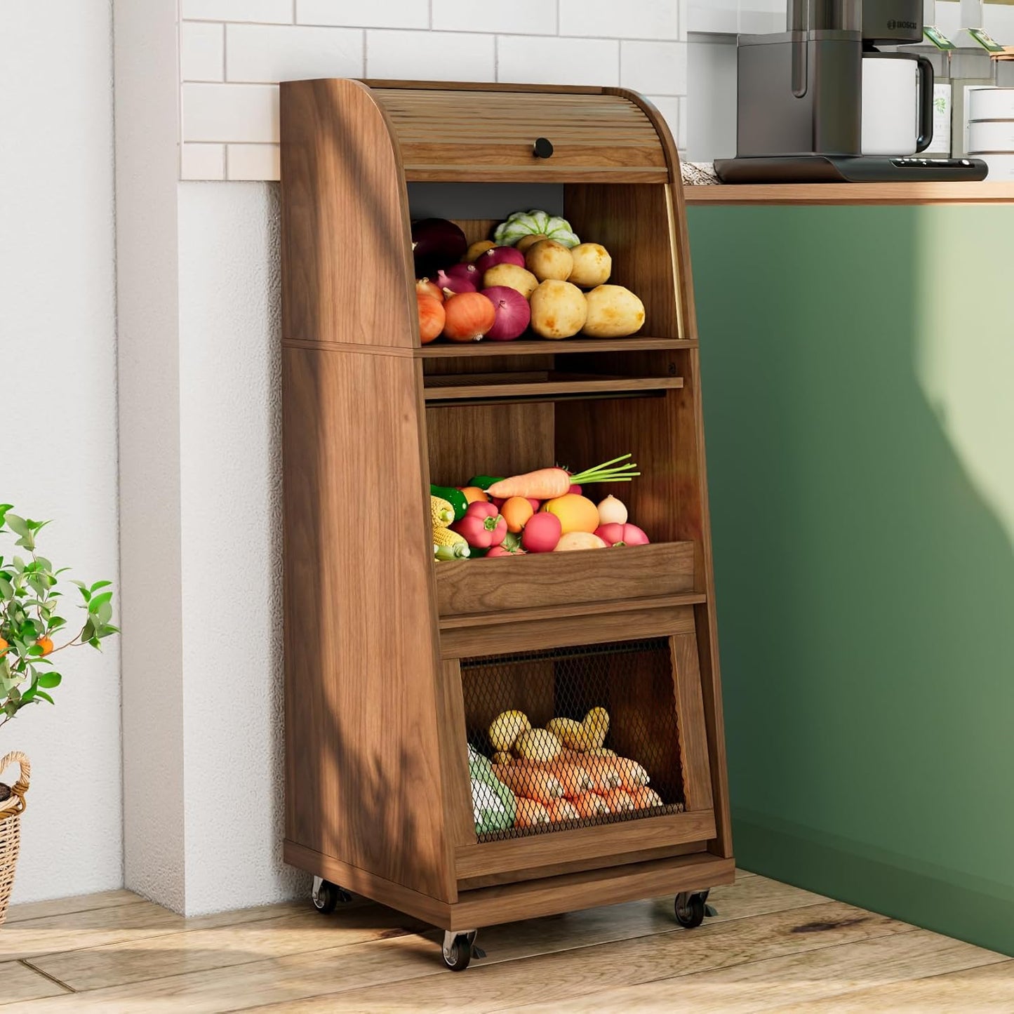 Potato Storage Bins, Farmhouse Wood Potato and Onion Storage Bins, Fruit and Vegetable Box, Food Small Kitchen Pantry Cabinet for Snack, Boho Large Wooden Bread Box, Magnetic Flip-top, 3 Tier