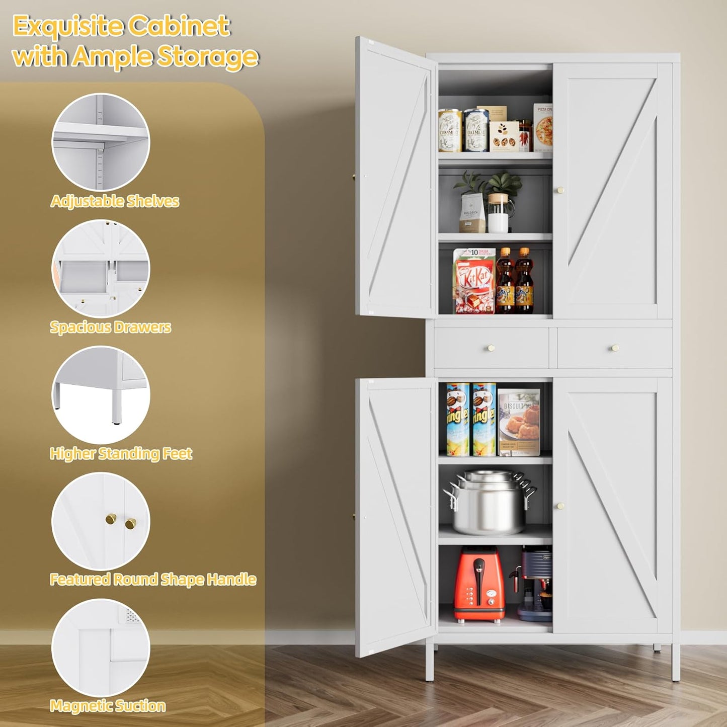 Tall Kitchen Pantry Cabinet, Metal Display Storage Cabinets with 4 Doors/2 Drawers for Kitchen Home Office Living Room, Assembly Required