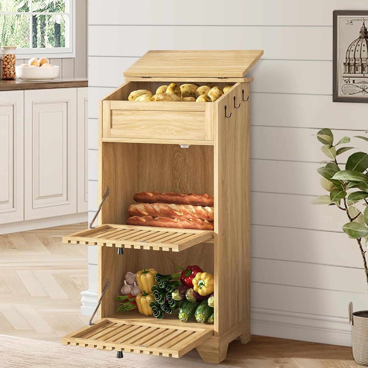 Potato Storage Bins, Farmhouse Wood Potato and Onion Storage Bins, Fruit and Vegetable Box, Food Small Kitchen Pantry Cabinet for Snack, Boho Large Wooden Bread Box, Magnetic Flip-top, 3 Tier