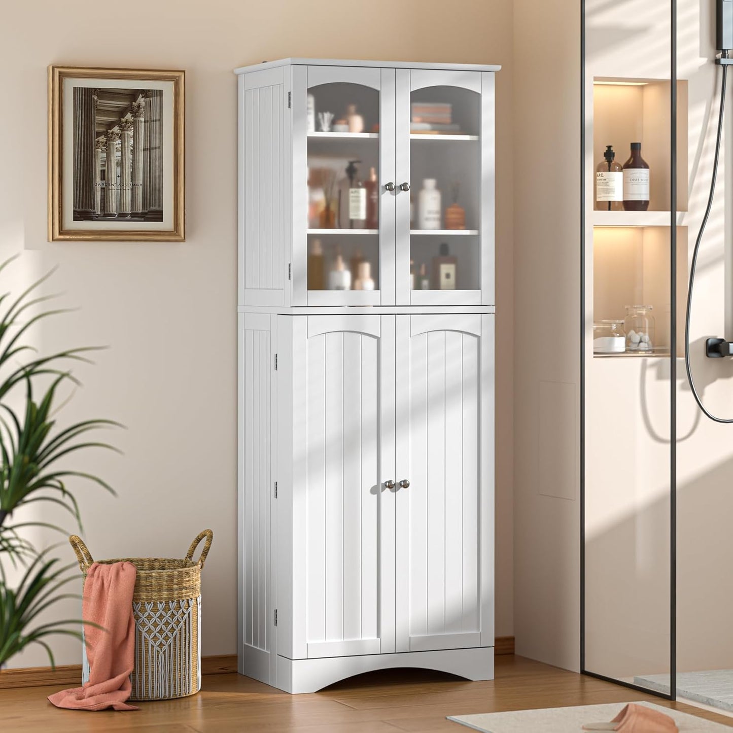 Gizoon 64" Kitchen Pantry Cabinet, Tall Storage Cabinet with Glass Doors and Adjustable Shelves, Freestanding Floor Cabinet Cupboard for Kitchen, Living Room, Dining Room (White)