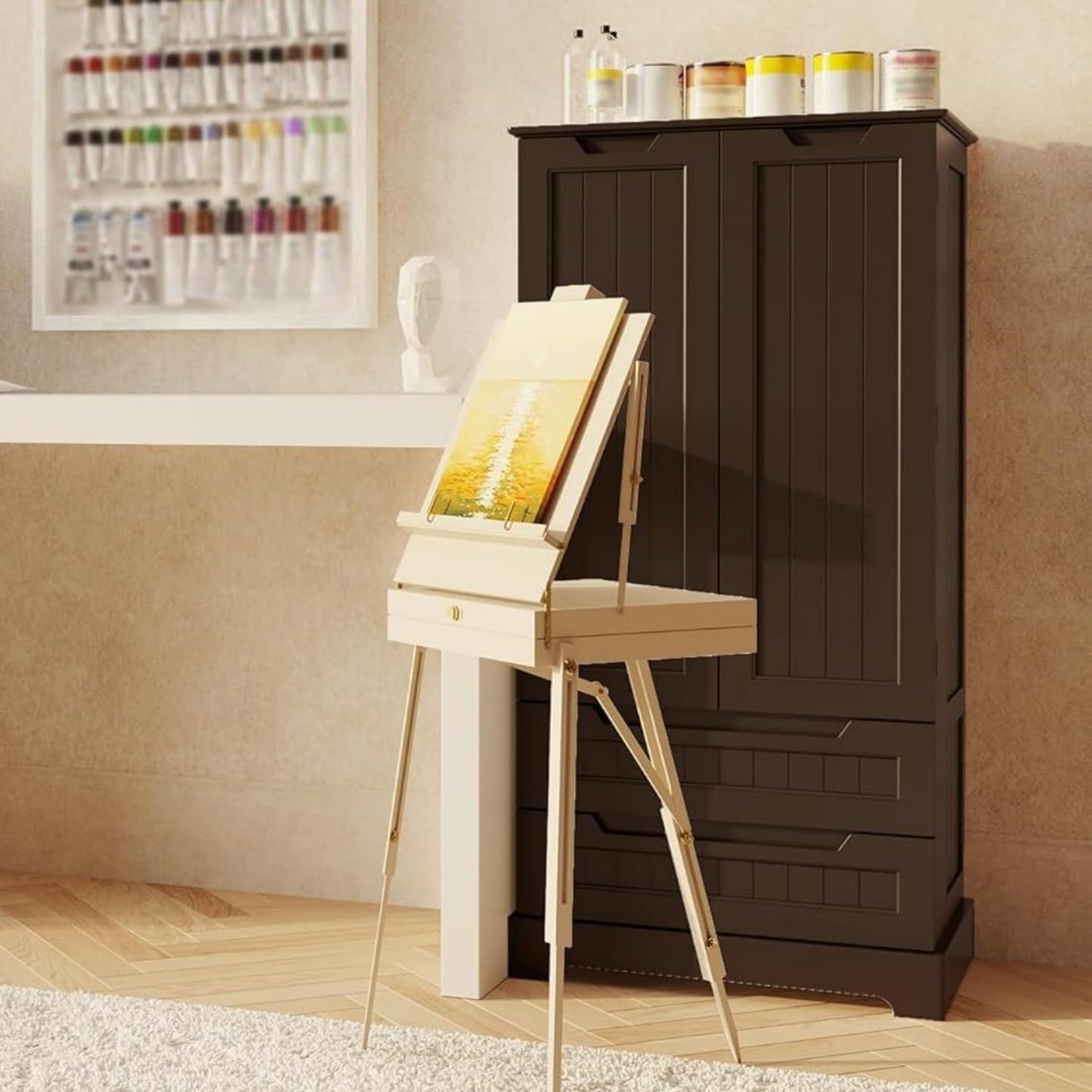 Gizoon Kitchen Pantry Storage Cabinet with Drawers Freestanding Bathroom Storage Cabinets with Doors and Shelves, 47" Small Wooden Food Pantry Cabinet for Dining Room Craft Room, Dark Brown