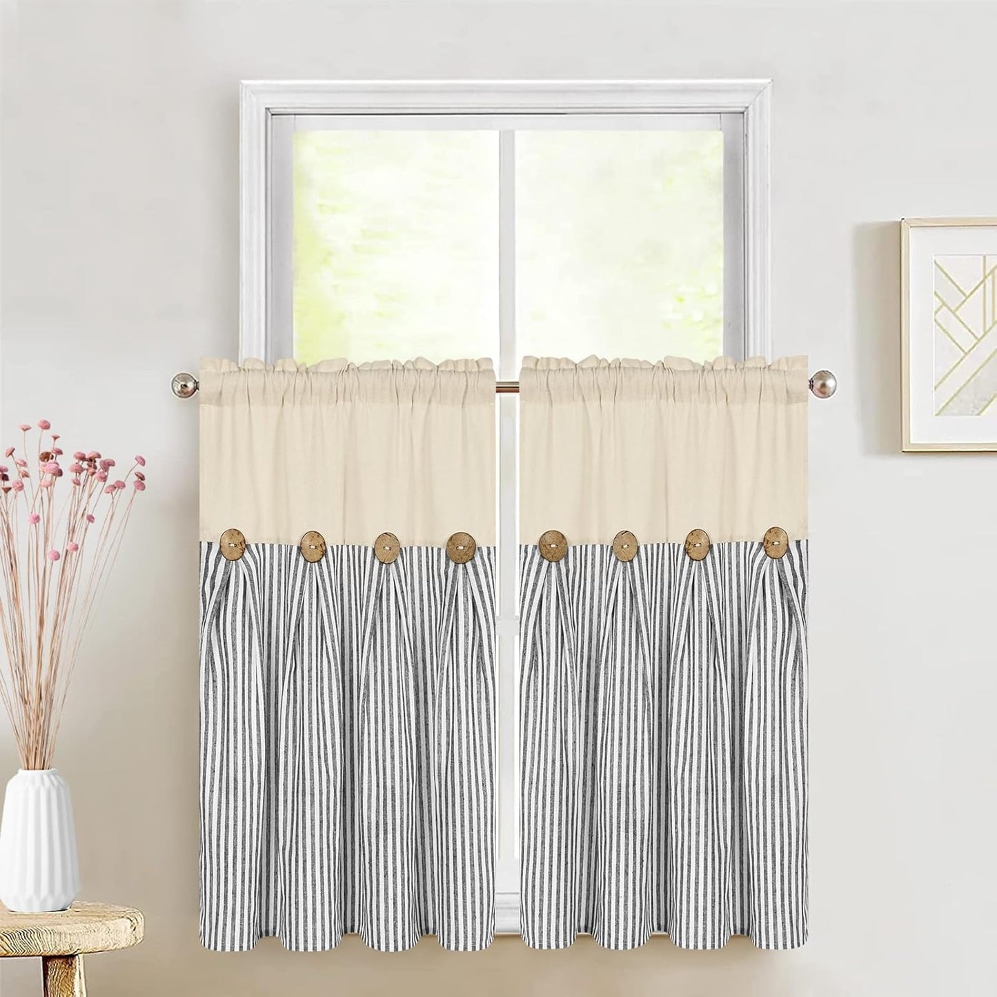 ASPMIZ Cotton Linen Window Treatment Tiers 24 Inch, Boho Rustic Button Kitchen Curtains Farmhouse Style, Grey Stripe Half Window Curtains, Country Short Rod Pocket Curtain for Small Window, 2 Panels