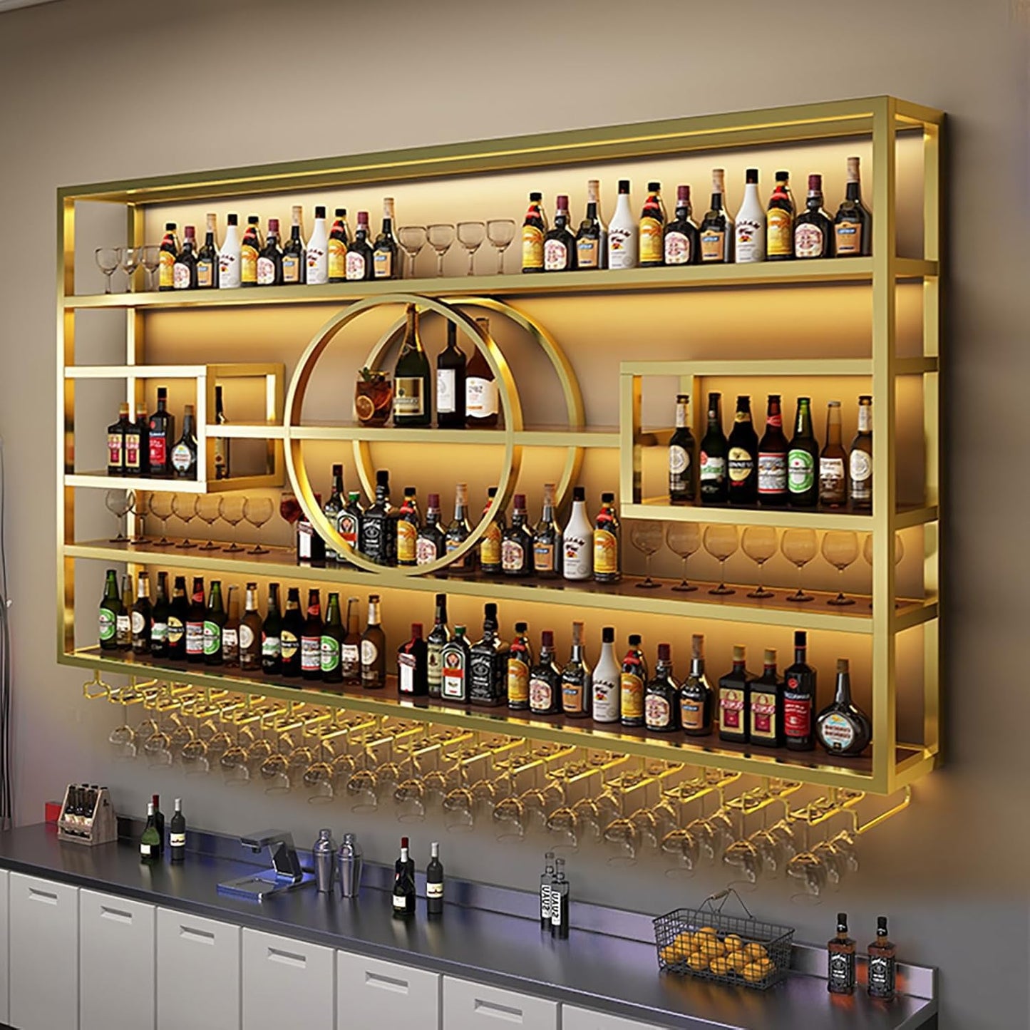 63in Wall Mounted Wine Rack, Modern Metal Wine Bottle and Glass Holder, Iron Display Stand Decorative Wine Rack, for Bar Living Room Dining Room Background (Black, 62.99 * 8 * 51INCH)