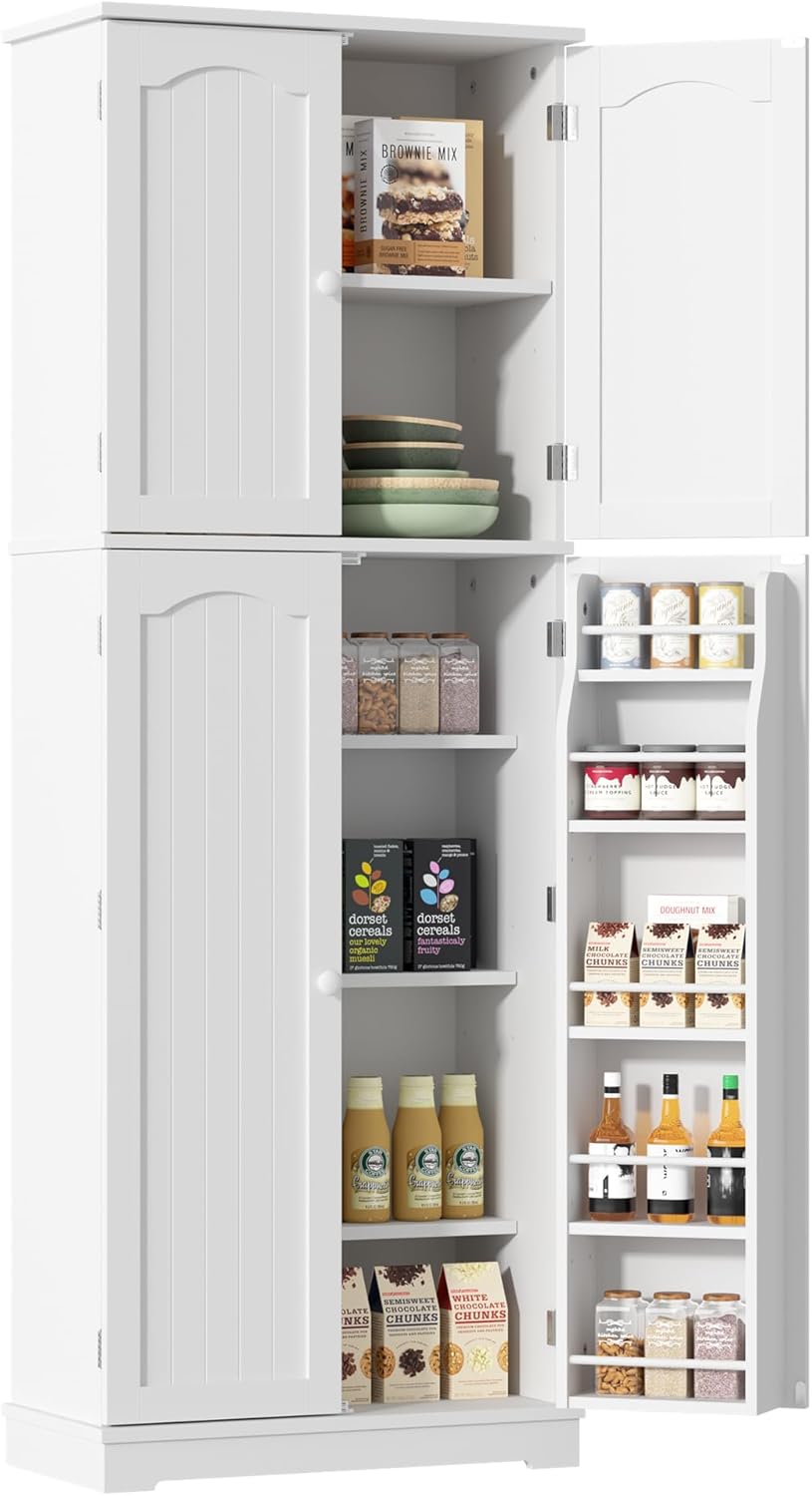 Yusong 72'' Tall Kitchen Pantry Cabinet, Freestanding Storage Cabinet with Doors and Shelves, Wooden Food Pantry Farmhouse Cupboard Buffet for Kitchen Dining Living Room, White