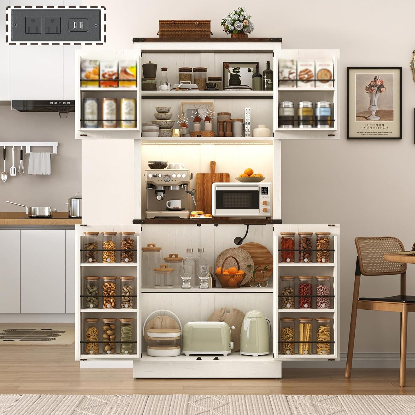 72" Tall Farmhouse Kitchen Pantry Cabinet with LED Light and Power Outlet,Modern Farmhouse Kitchen Storage Cabinet w Load-Bearing Steel Pipe,Barn Doors, Organizer,Food Pantry Cabinets(Rustic Brown)