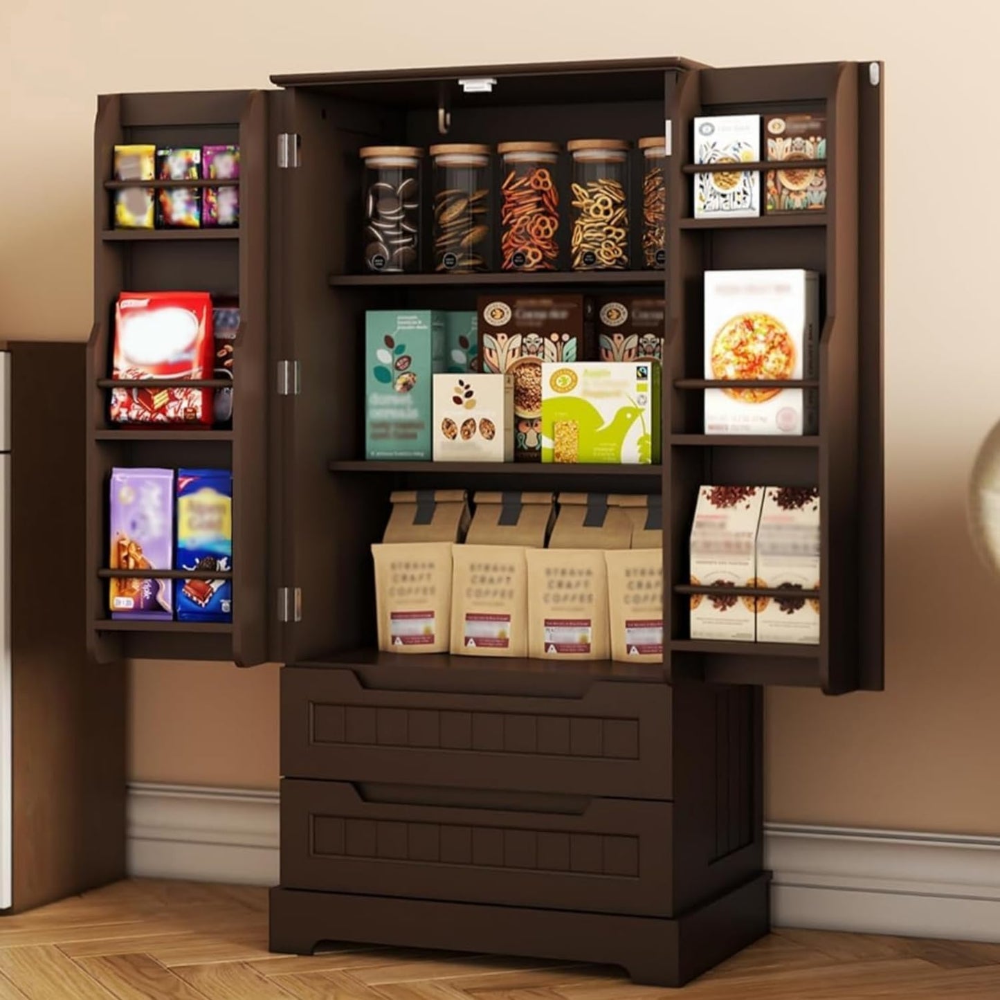Gizoon Kitchen Pantry Storage Cabinet with Drawers Freestanding Bathroom Storage Cabinets with Doors and Shelves, 47" Small Wooden Food Pantry Cabinet for Dining Room Craft Room, Dark Brown