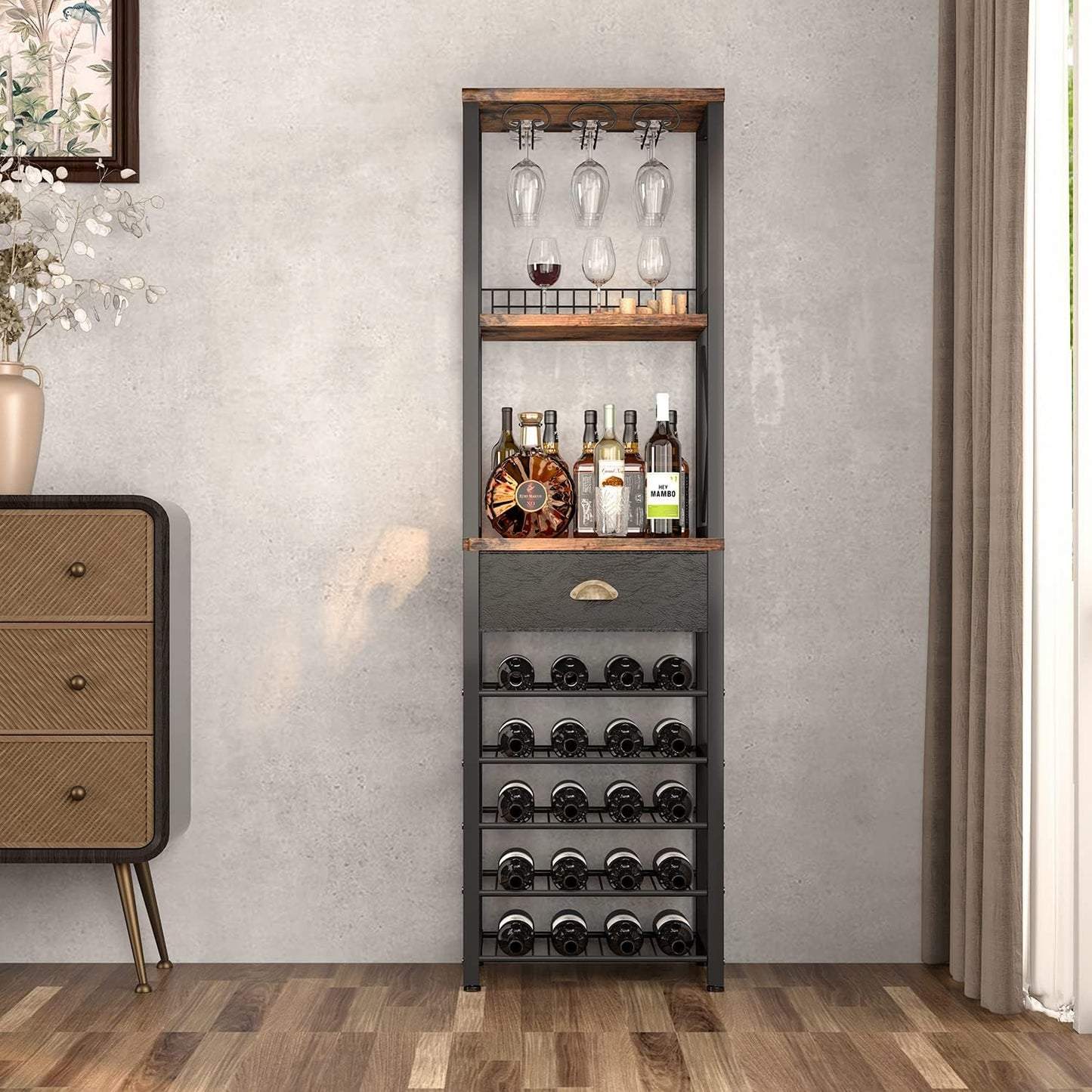 Homeiju Wine Rack Freestanding Floor, Bar Cabinet for Liquor and Glasses, 4-Tier bar Cabinet with Tabletop, Glass Holder, Storage Drawer and Wine Storage for Living Room (Patent No.D29872845)