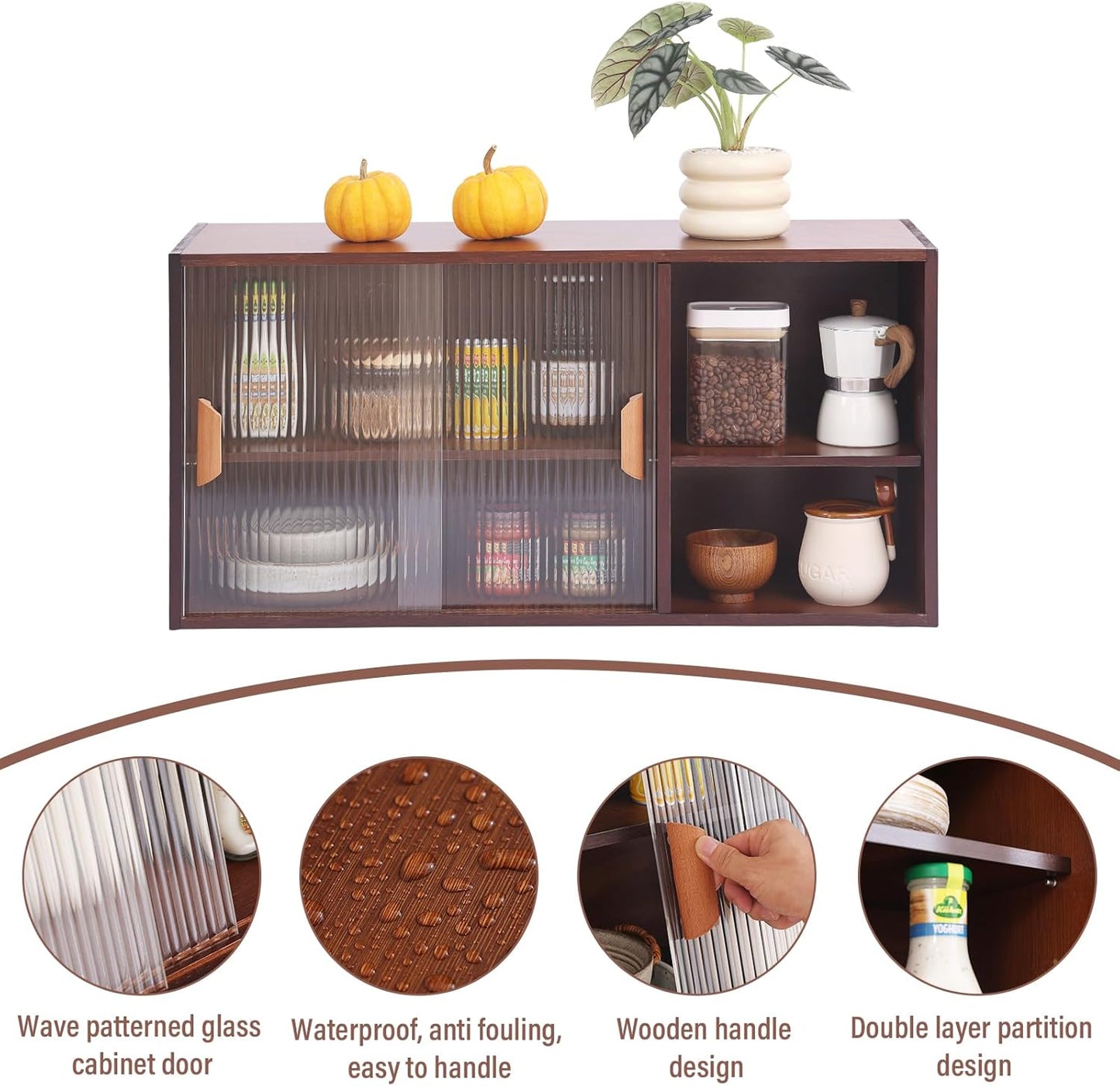 Tiita Small Kitchen Pantry Cabinet, Bamboo Wall Sideboard with Glass Doors, Cupboard Food Pantry Cabinet for Kitchen, Living Room and Dinning Bedroom