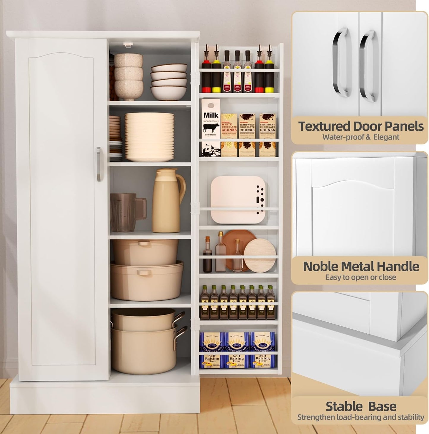 Kitchen Pantry Cabinet, Pantry Storage Cabinet with Adjustable Shelves and Drawer, Sideboard Buffet Cupboards Storage Shelf for Home Office Use (White, 16" D x 24" W x 47" H)