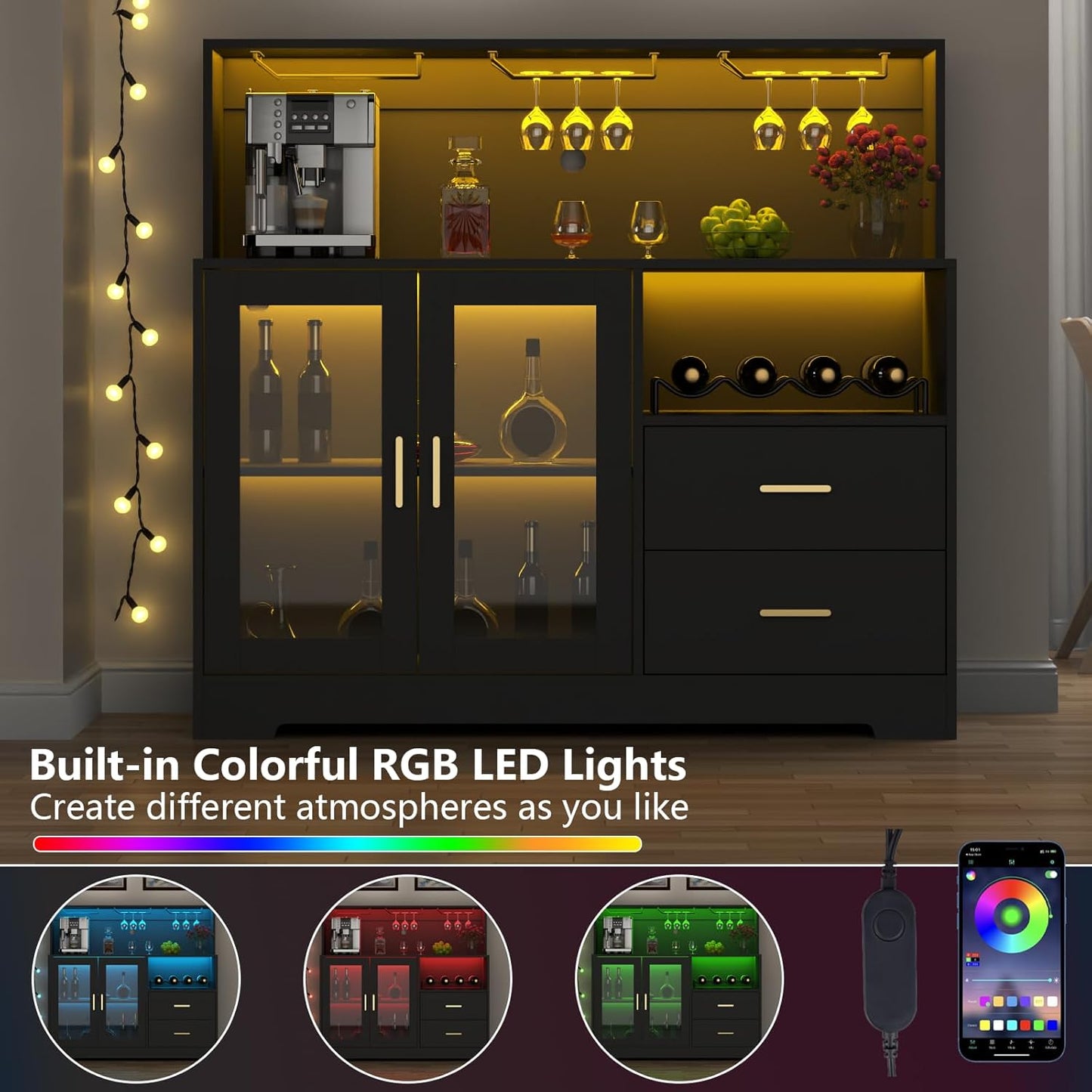 Bar Cabinet for Home with LED Light, Coffee Bar Cabinet with Wine & Glass Rack, Wine Cabinets with Drawers & Microwave Stand, Modern Liquor Cabinets for Kitchen, Living Room, Dining Room (Black)