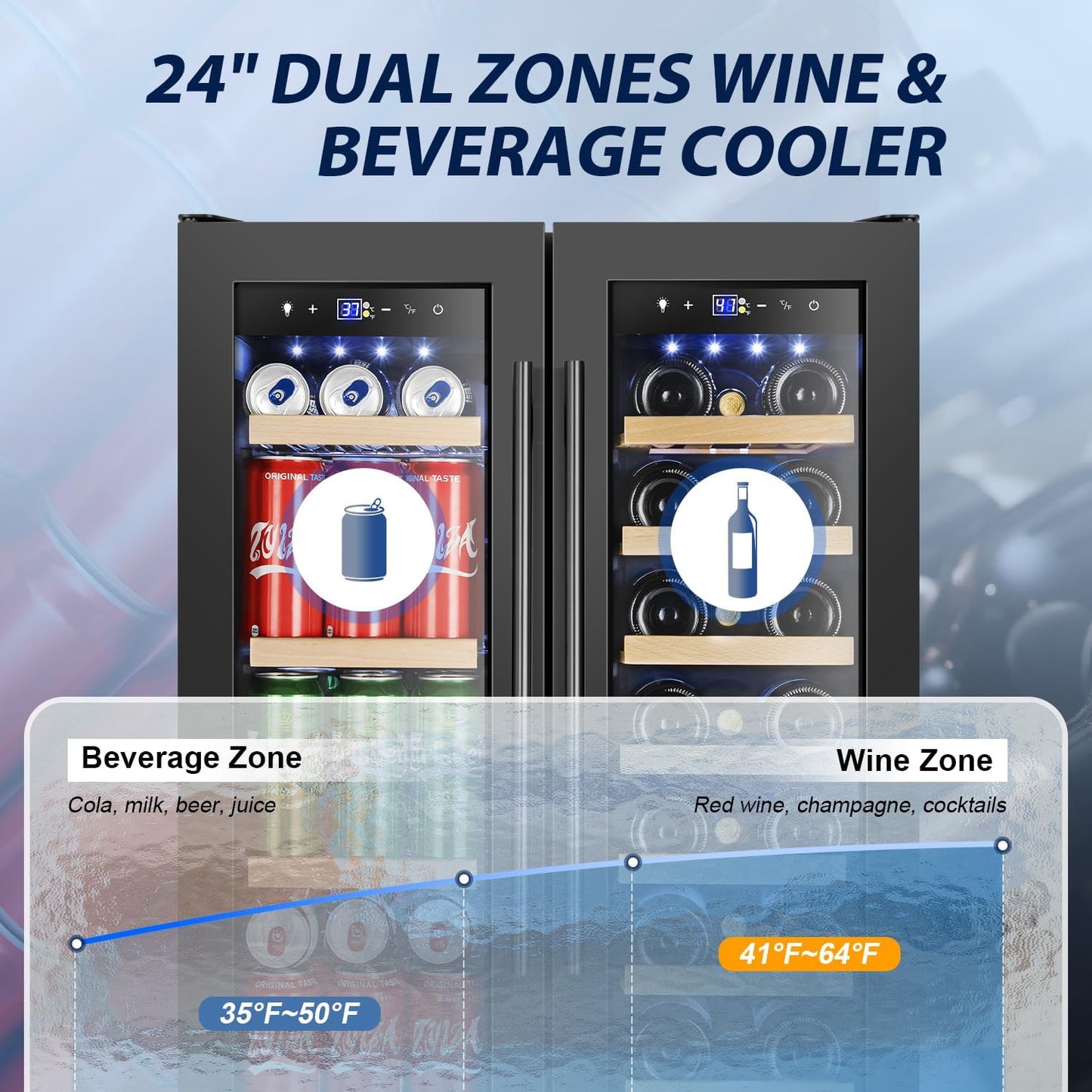 Tylza 24 Inch Wine and Beverage Refrigerator, Dual Zone Wine Beverage Cooler 24" with French Door, Under Counter Wine Beer Fridge Built-In or Freestanding, Holds 20 Bottles and 88 Cans, Black