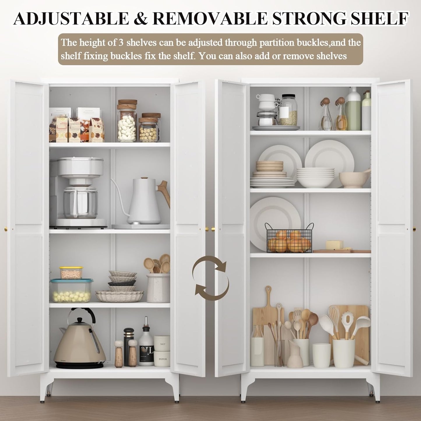 65" H Metal Storage Cabinet with Doors and Adjustable Shelves, Kitchen Food Pantry Cabinet, White Steel Cabinets Locker for Kitchen, Bedroom, Dining Room, Office