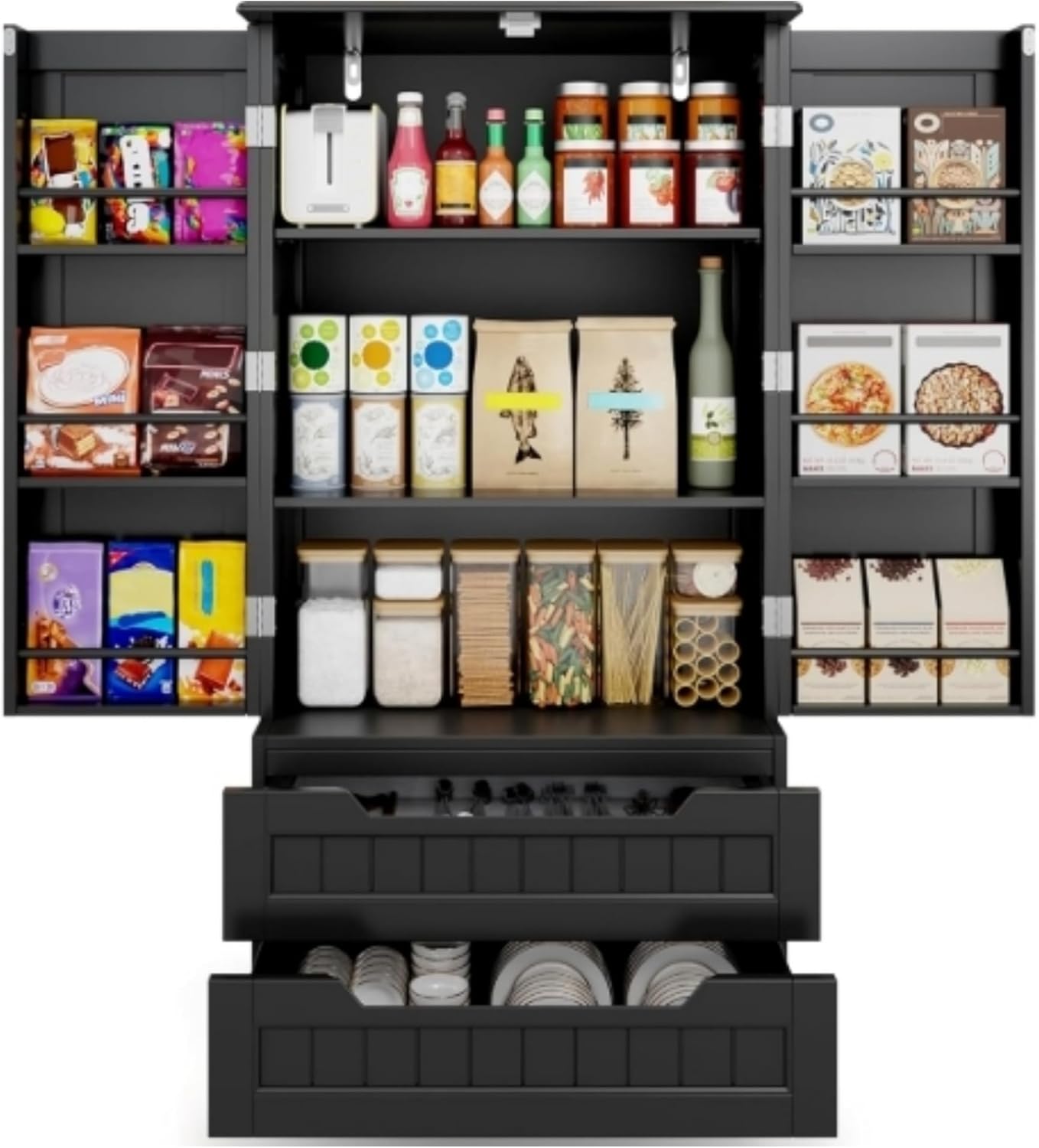 Gizoon Kitchen Pantry Storage Cabinet with Drawers Freestanding Bathroom Storage Cabinets with Doors and Shelves, 47" Small Wooden Food Pantry Cabinet for Dining Room Craft Room, Dark Brown