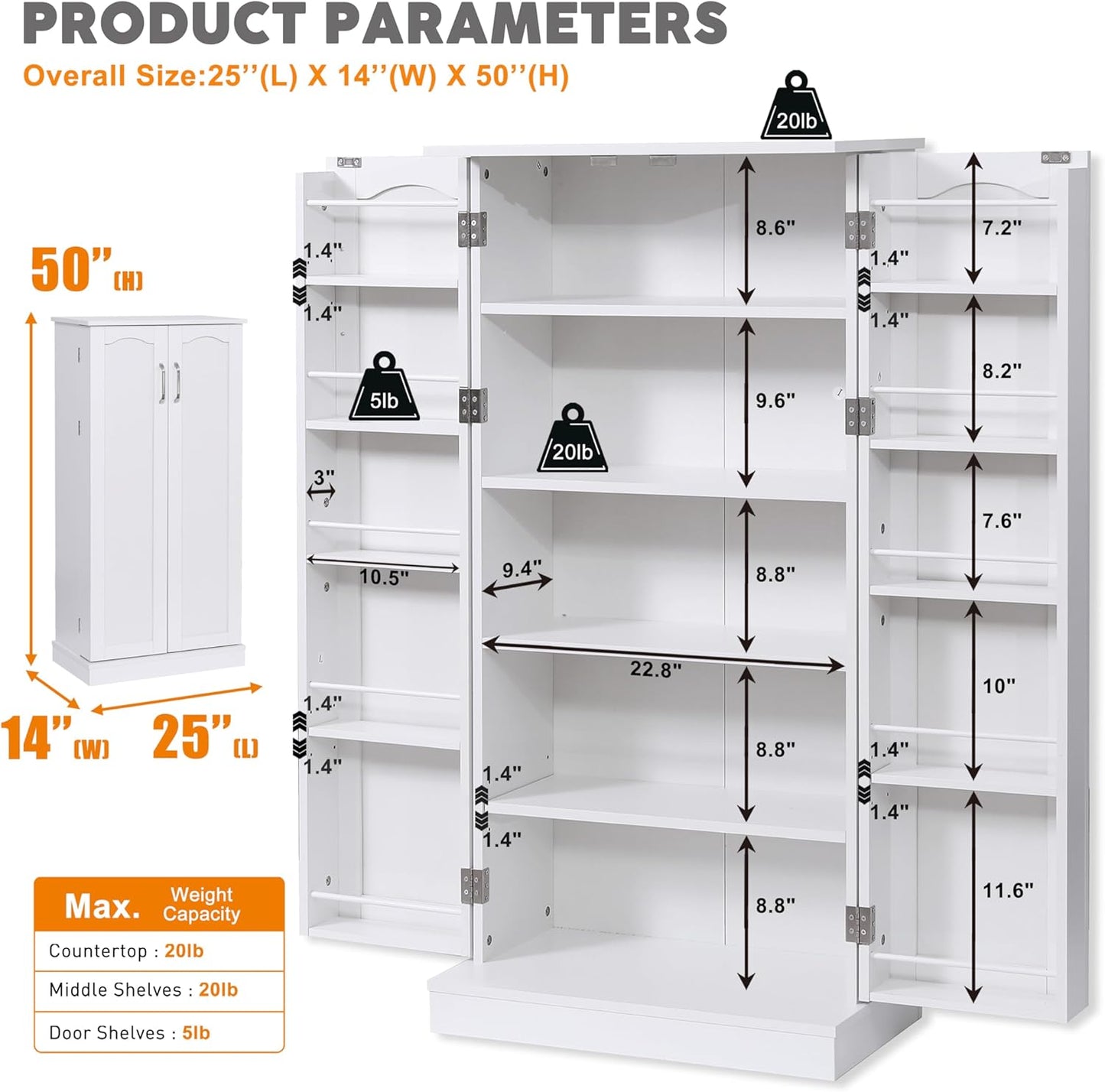 50" LED Kitchen Pantry Storage Cabinets - Standing Food Cabinets Cupboards with 2 Doors with Racks and Shelves Adjustable for Small Space in Dinning Room, Living Room, in White