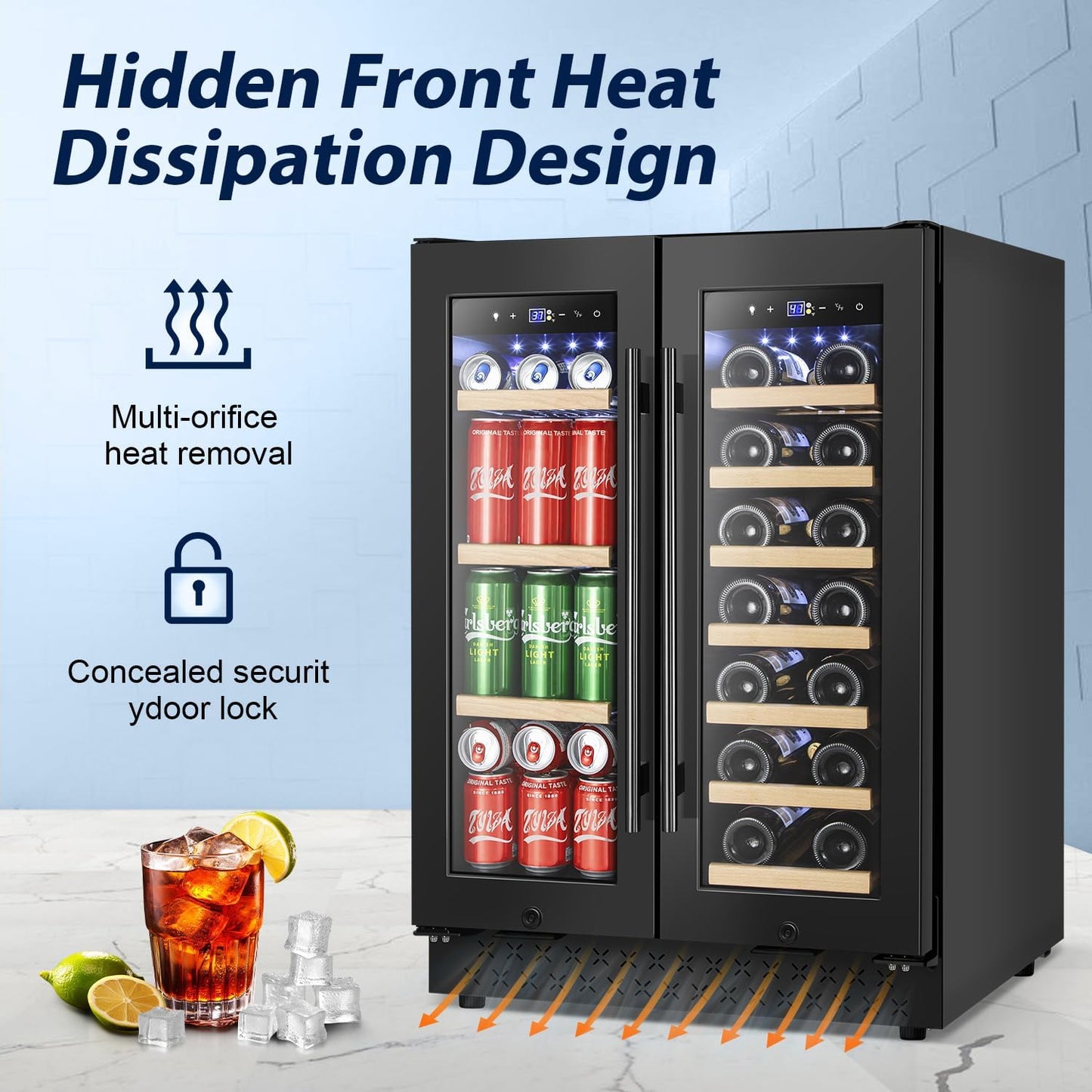 Tylza 24 Inch Wine and Beverage Refrigerator, Dual Zone Wine Beverage Cooler 24" with French Door, Under Counter Wine Beer Fridge Built-In or Freestanding, Holds 20 Bottles and 88 Cans, Black
