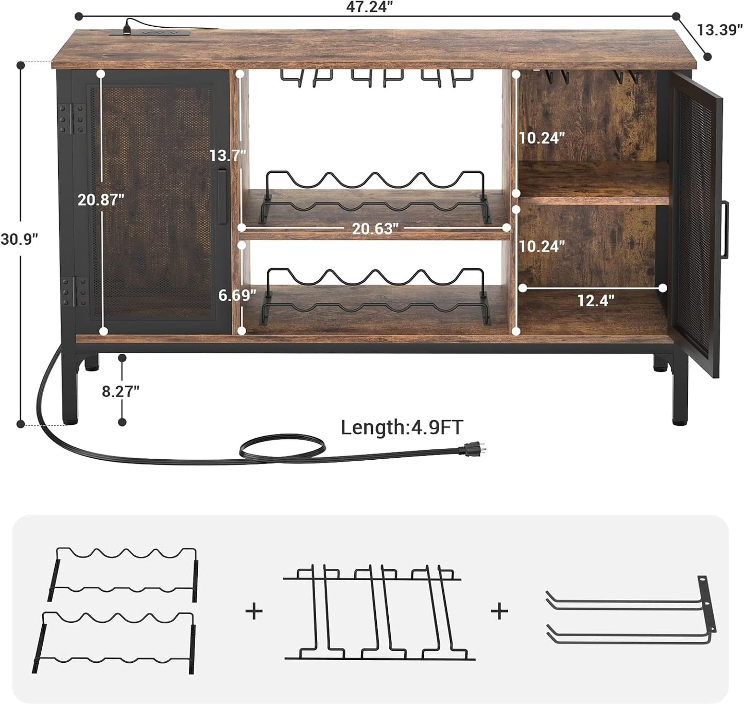 Homieasy Wine Bar Cabinet with Power Outlets & LED Lights, Industrial Liquor Cabinet with Adjustable Wine Racks, Coffee Station Cabinets with Storage for Kitchen/Home, Rustic Brown