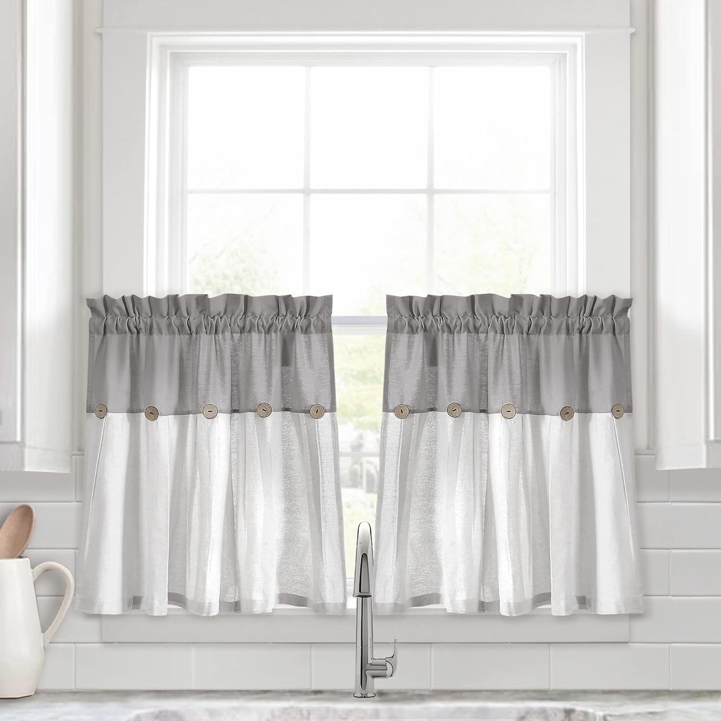 Lush Decor Linen Button Farmhouse Curtains Tier Set, Pair, 29" W x 36" L, Gray & White Farmhouse Curtains Kitchen