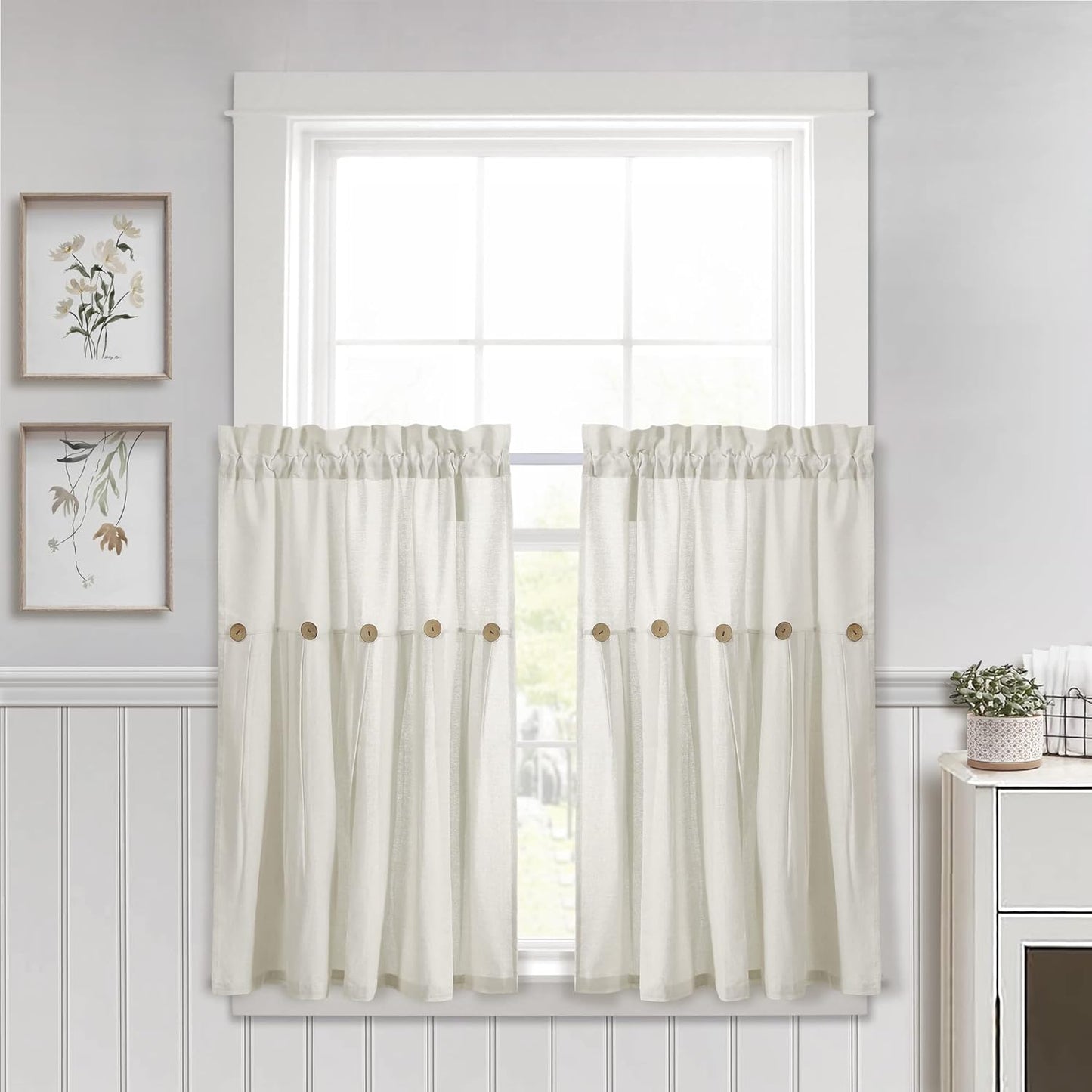 Lush Decor Linen Button Farmhouse Curtains Tier Set, Pair, 29" W x 36" L, Gray & White Farmhouse Curtains Kitchen