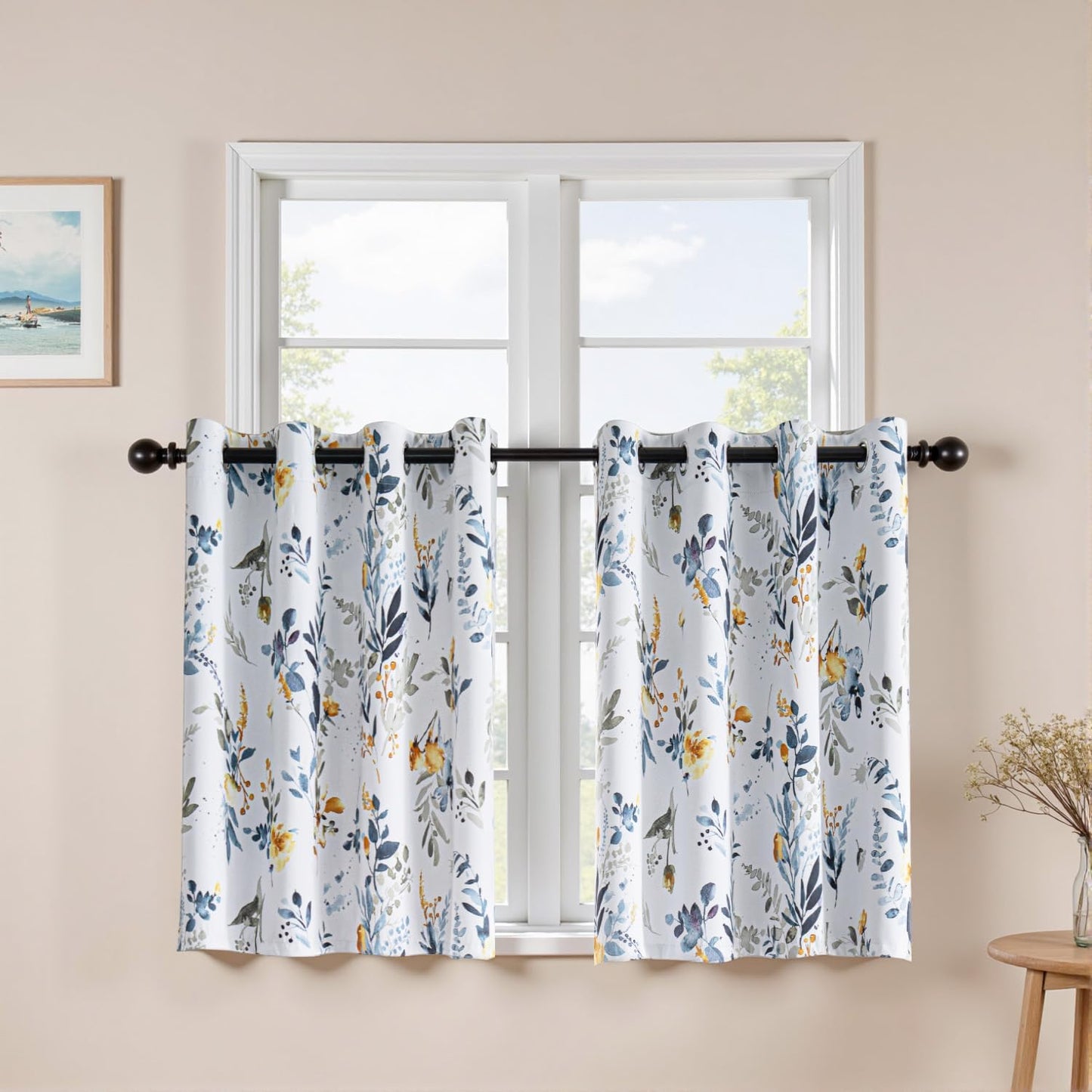 MYSKY HOME Kitchen Curtains 45 inch Length Floral Blackout Curtains Thermal Insulated Room Darkening Curtains Grommet Top 2 Panels for Bedroom Bathroom Dormer Window, Yellow and Blue