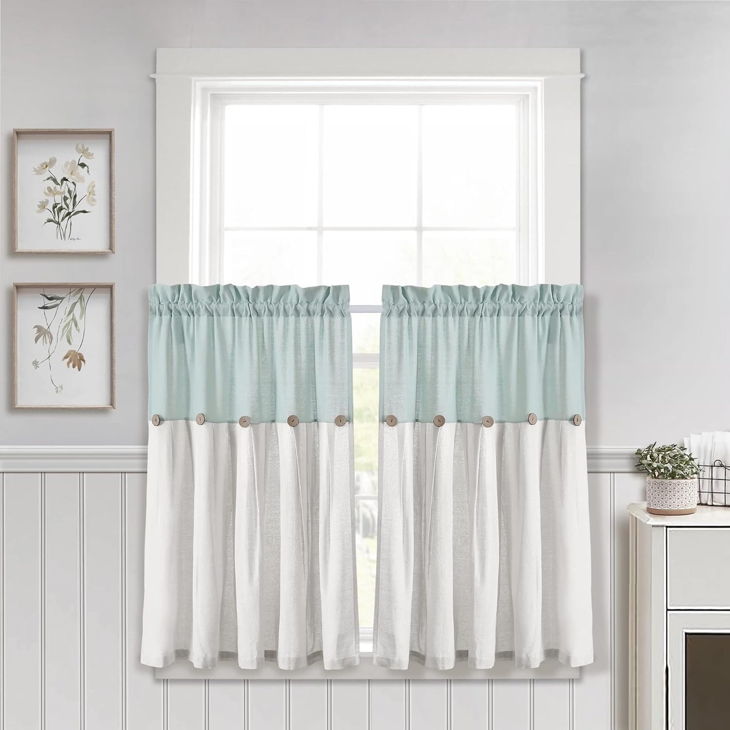 Lush Decor Linen Button Farmhouse Curtains Tier Set, Pair, 29" W x 36" L, Gray & White Farmhouse Curtains Kitchen
