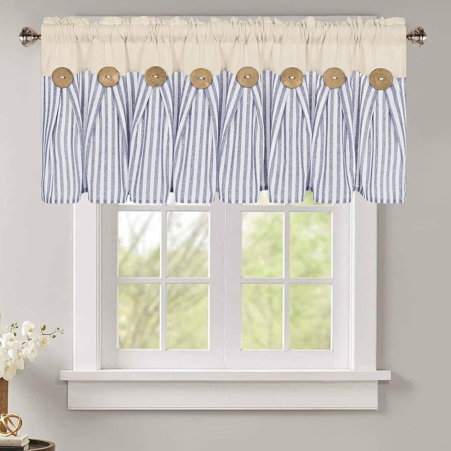 ASPMIZ Cotton Linen Window Treatment Tiers 24 Inch, Boho Rustic Button Kitchen Curtains Farmhouse Style, Grey Stripe Half Window Curtains, Country Short Rod Pocket Curtain for Small Window, 2 Panels
