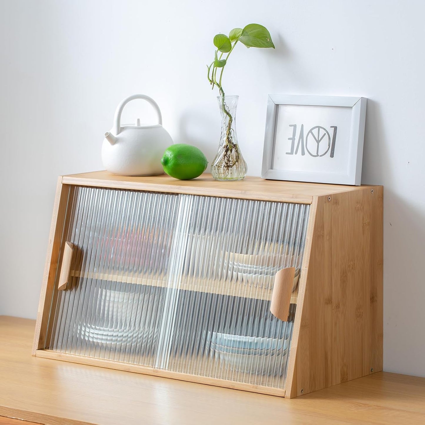 Tiita Small Kitchen Pantry Cabinet, Bamboo Wall Sideboard with Glass Doors, Cupboard Food Pantry Cabinet for Kitchen, Living Room and Dinning Bedroom