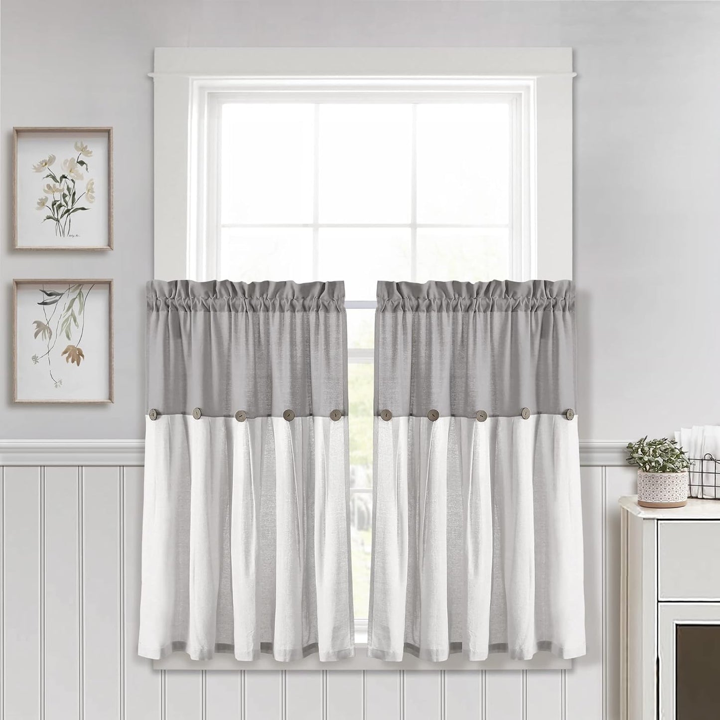 Lush Decor Linen Button Farmhouse Curtains Tier Set, Pair, 29" W x 36" L, Gray & White Farmhouse Curtains Kitchen