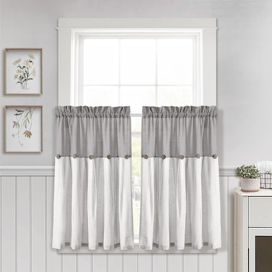 Lush Decor Linen Button Farmhouse Curtains Tier Set, Pair, 29" W x 36" L, Gray & White Farmhouse Curtains Kitchen