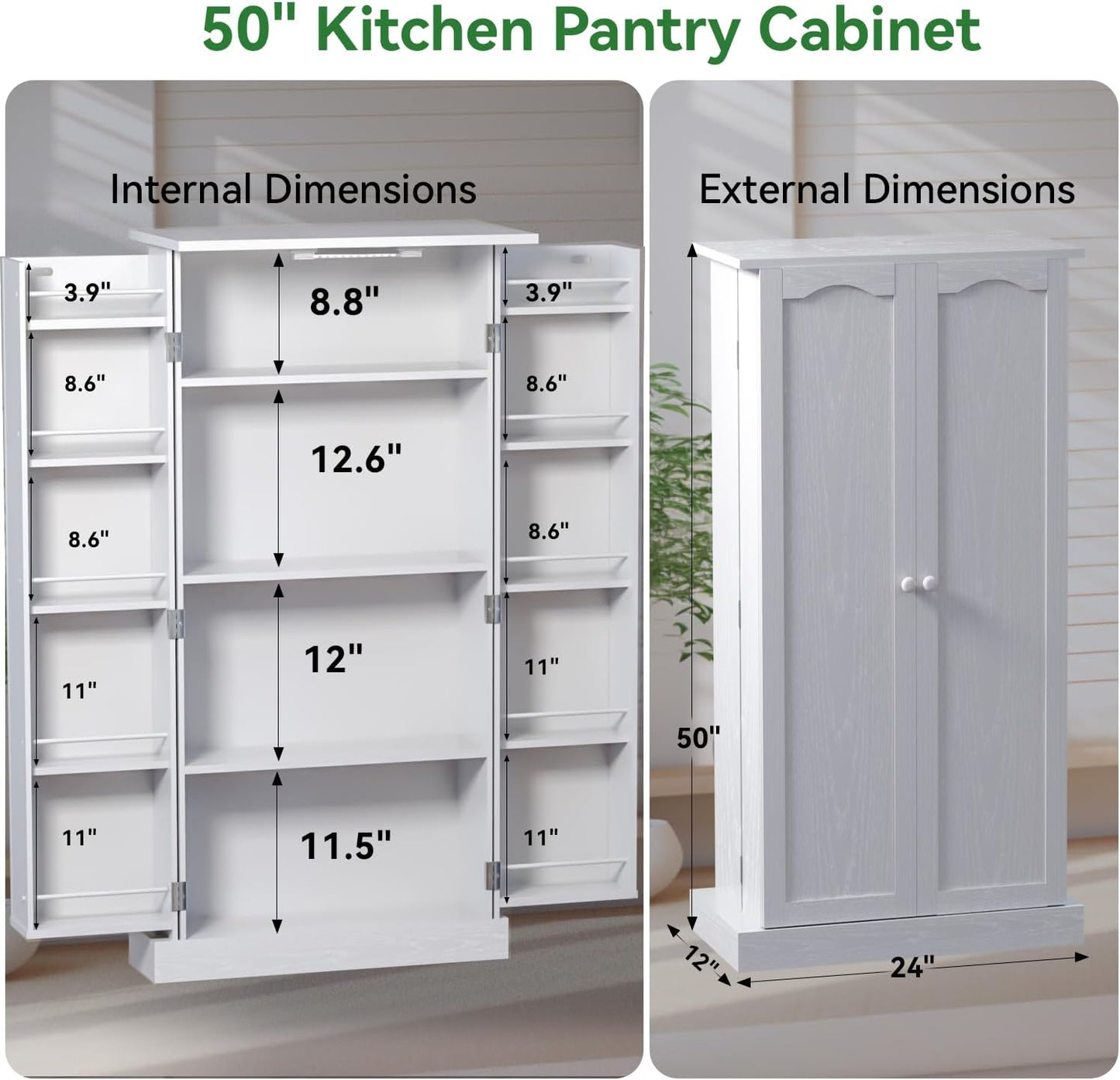 50" LED Kitchen Pantry Cabinet White Storage Cabinet Food Pantry with Doors and Adjustable Shelves Freestanding Buffet Cupboards Sideboard for Kitchen Living Room and Dinning Room