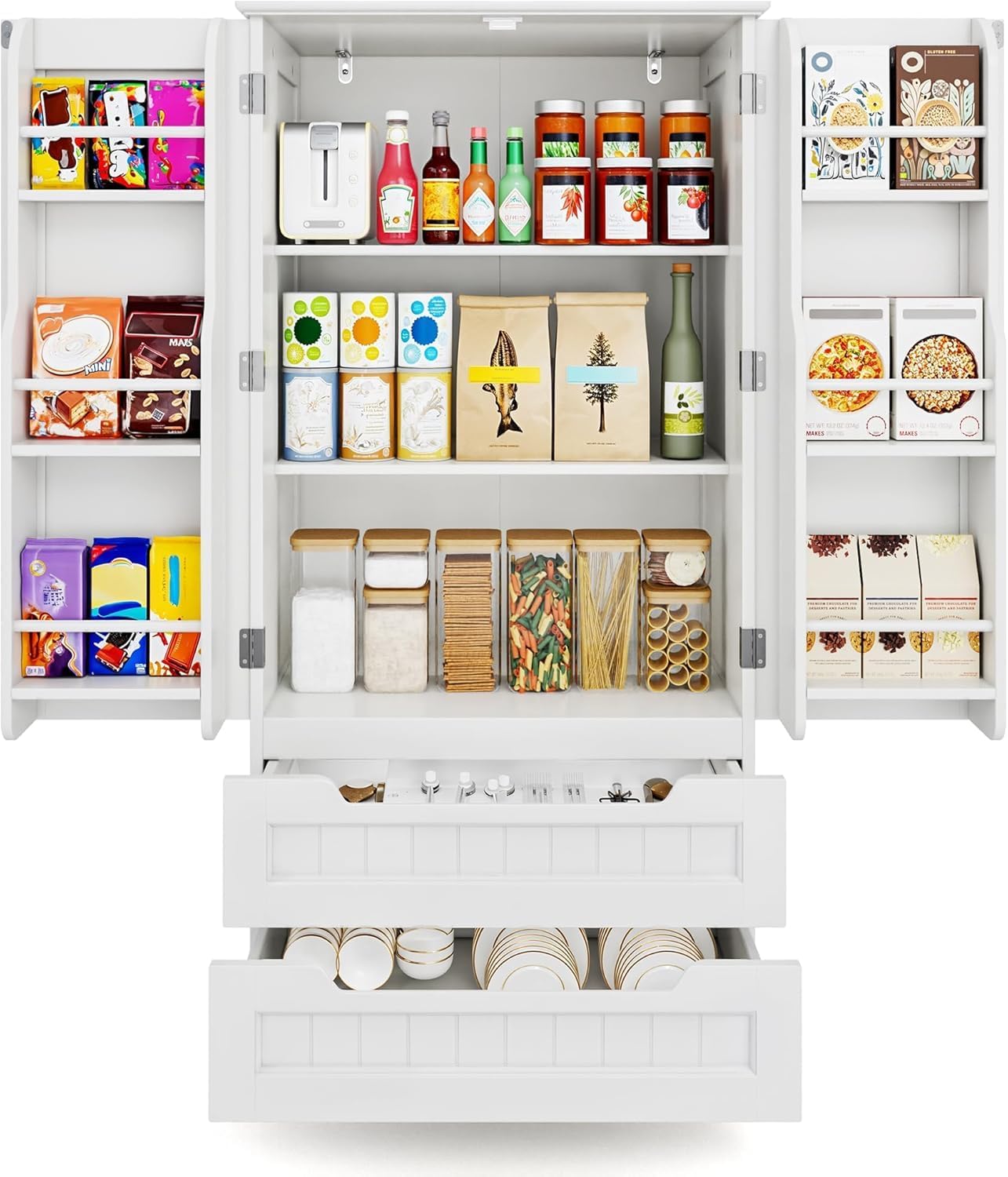 Gizoon Kitchen Pantry Storage Cabinet with Drawers Freestanding Bathroom Storage Cabinets with Doors and Shelves, 47" Small Wooden Food Pantry Cabinet for Dining Room Craft Room, Dark Brown
