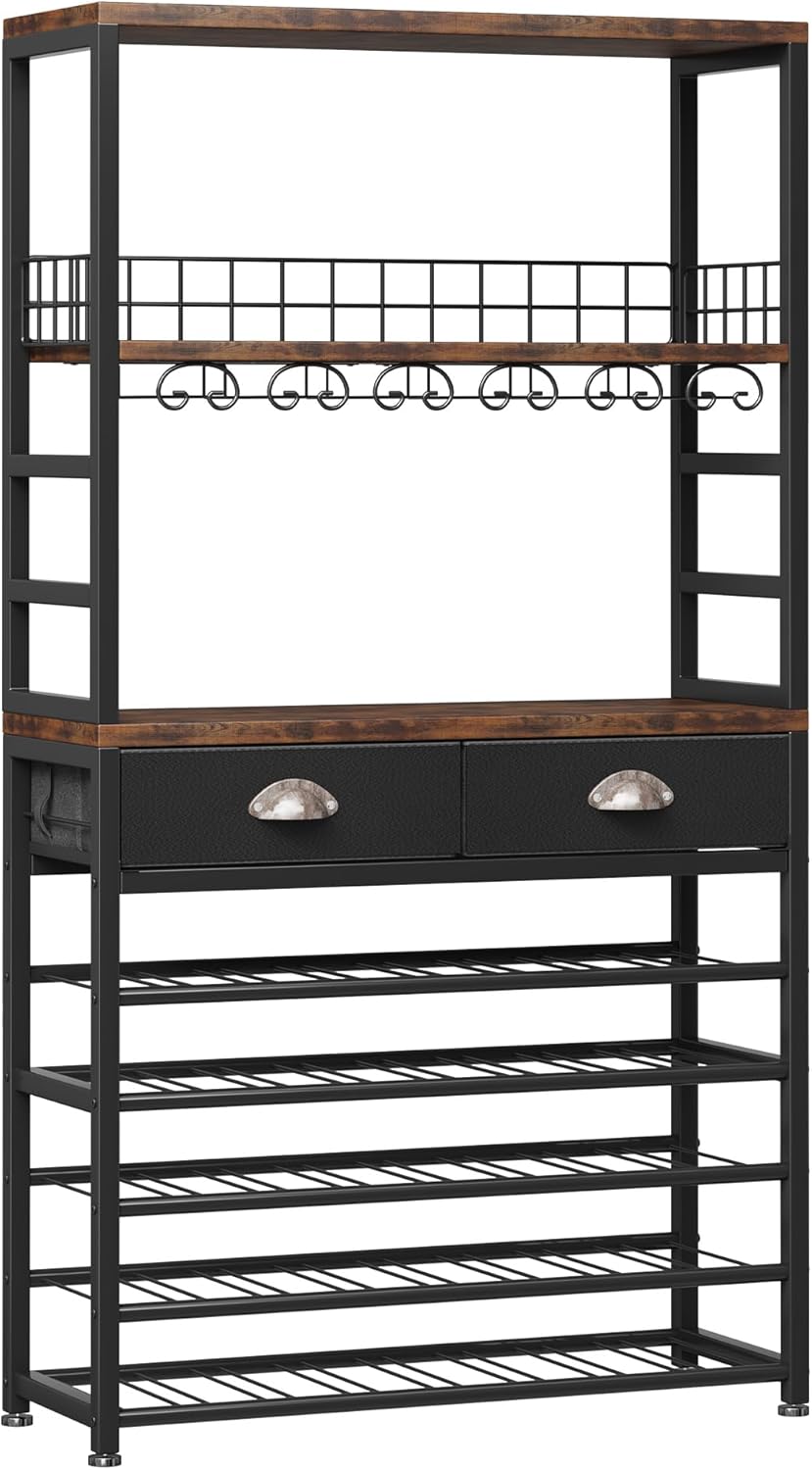 Homeiju Wine Cabinet with Storage, Wine Rack Freestanding Floor, 6-Tier with Tabletop, Drawer and Wine Storage for Home Bars