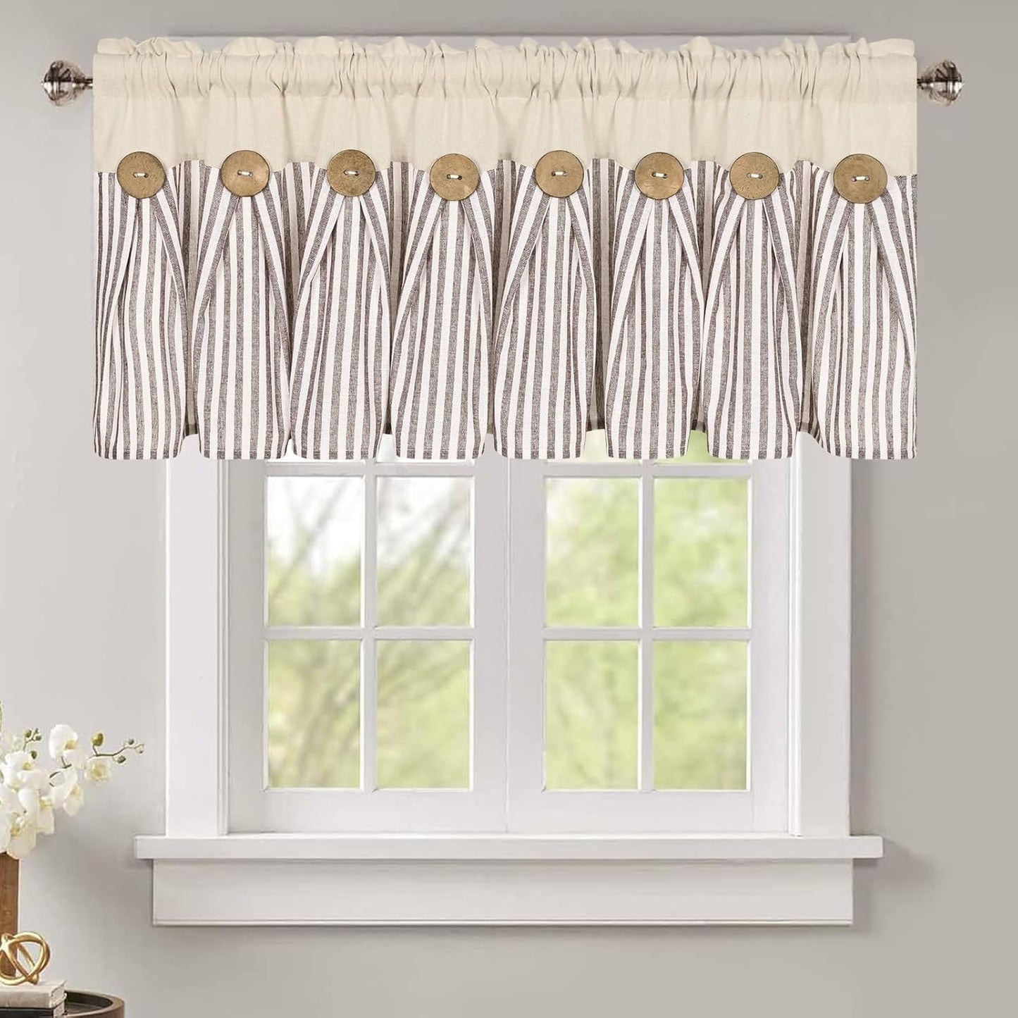 ASPMIZ Cotton Linen Window Treatment Tiers 24 Inch, Boho Rustic Button Kitchen Curtains Farmhouse Style, Grey Stripe Half Window Curtains, Country Short Rod Pocket Curtain for Small Window, 2 Panels