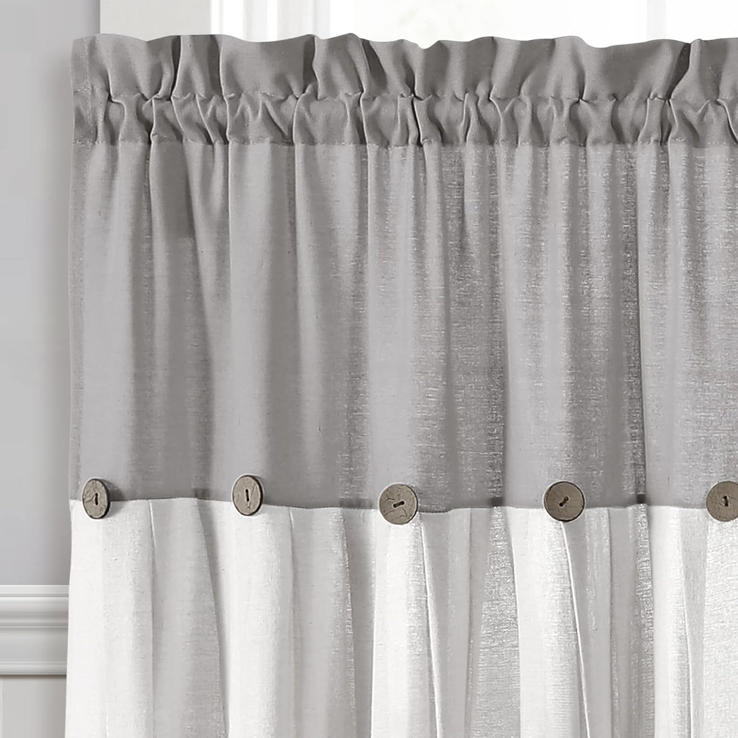 Lush Decor Linen Button Farmhouse Curtains Tier Set, Pair, 29" W x 36" L, Gray & White Farmhouse Curtains Kitchen
