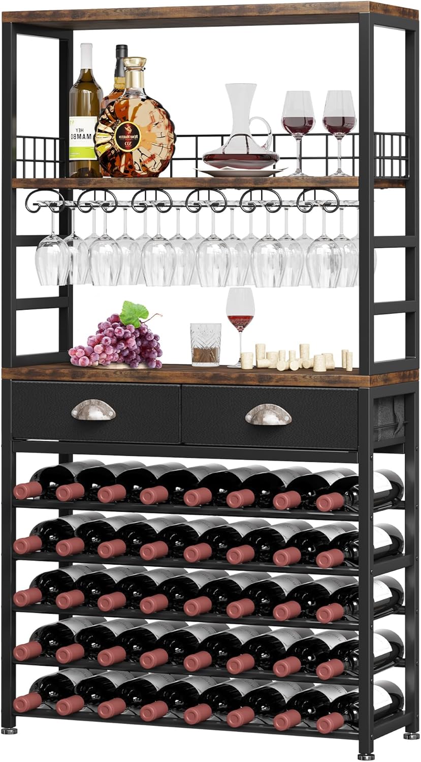 Homeiju Wine Cabinet with Storage, Wine Rack Freestanding Floor, 6-Tier with Tabletop, Drawer and Wine Storage for Home Bars