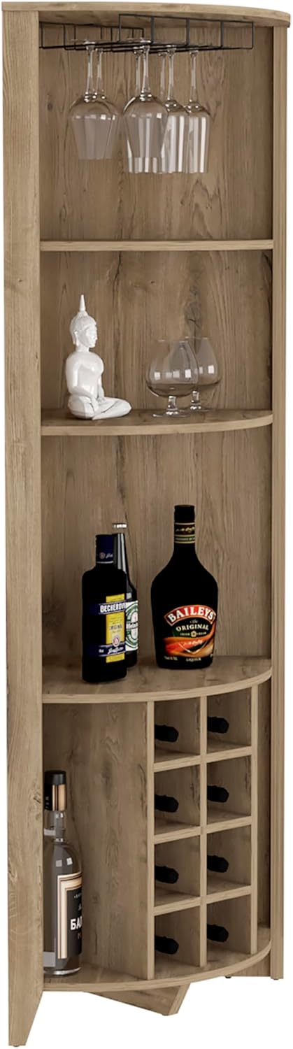 Corner Bar Cabinet, Three Shelves, Eight Built in Wine Rack, Two Side Shelves Macadamia