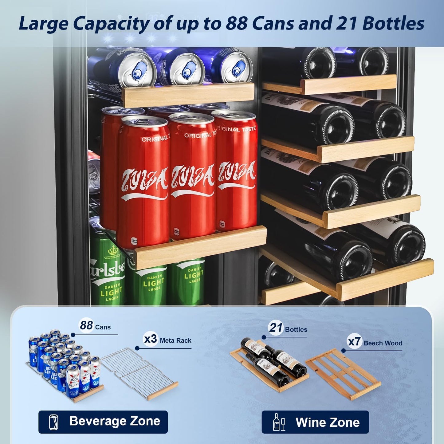 Tylza 24 Inch Wine and Beverage Refrigerator, Dual Zone Wine Beverage Cooler 24" with French Door, Under Counter Wine Beer Fridge Built-In or Freestanding, Holds 20 Bottles and 88 Cans, Black