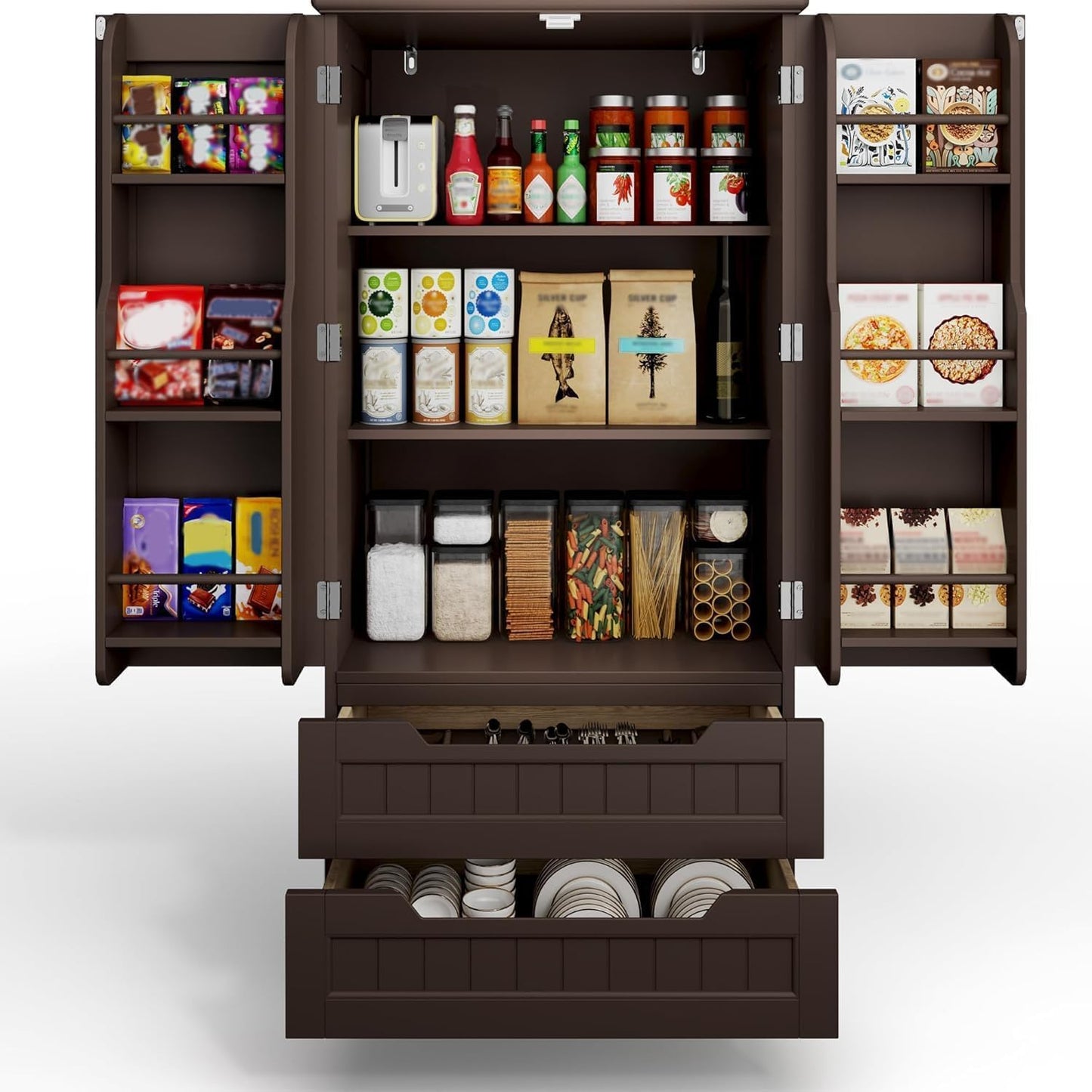 Gizoon Kitchen Pantry Storage Cabinet with Drawers Freestanding Bathroom Storage Cabinets with Doors and Shelves, 47" Small Wooden Food Pantry Cabinet for Dining Room Craft Room, Dark Brown