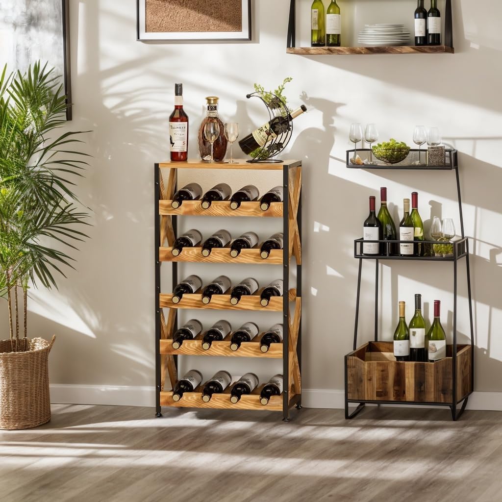 20 Bottle Wine Rack Freestanding Floor with Wood Top,Wobble-Free 5 Tier Wine Display Storage Stand Shelf,Stackable Modular Wine Bottle Holder Rack for Kitchen,Cellar,Living Room