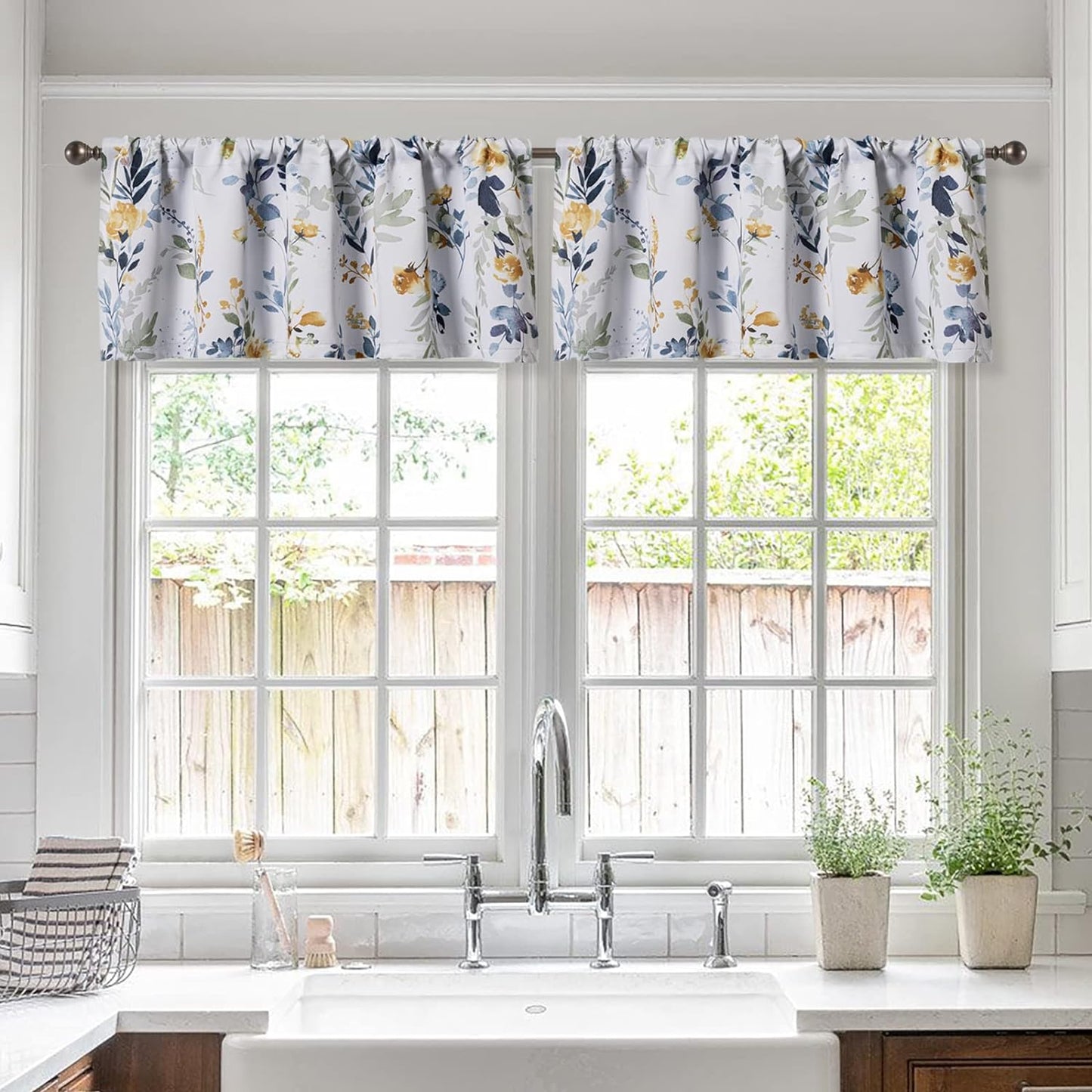 MYSKY HOME Kitchen Curtains 45 inch Length Floral Blackout Curtains Thermal Insulated Room Darkening Curtains Grommet Top 2 Panels for Bedroom Bathroom Dormer Window, Yellow and Blue