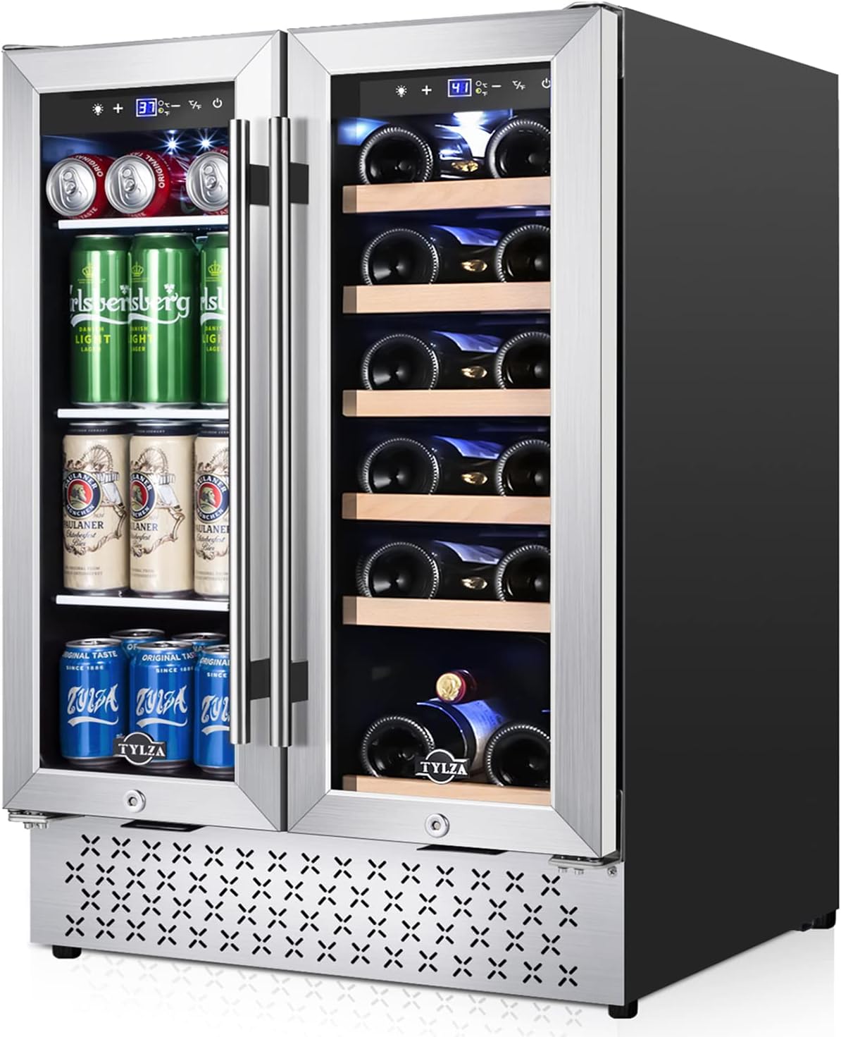Tylza 24 Inch Wine and Beverage Refrigerator, Dual Zone Wine Beverage Cooler 24" with French Door, Under Counter Wine Beer Fridge Built-In or Freestanding, Holds 20 Bottles and 88 Cans, Black