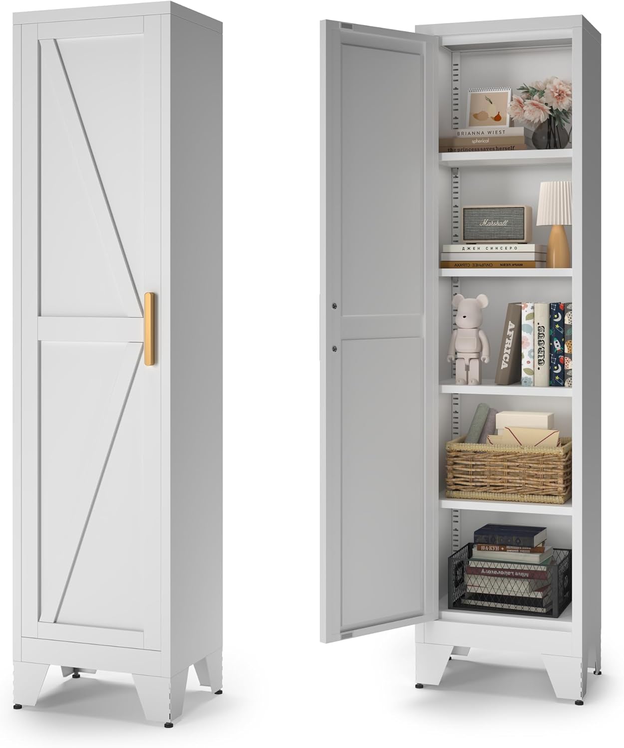 White Farmhouse Storage Kitchen Pantry Cabinet with 2 Barn Door, 3 Adjustable Shelves and Legs, for Cupboard/Dining Room/Bathroom/Living Room/Office/Laundry Room (White, 61" Farmhouse)