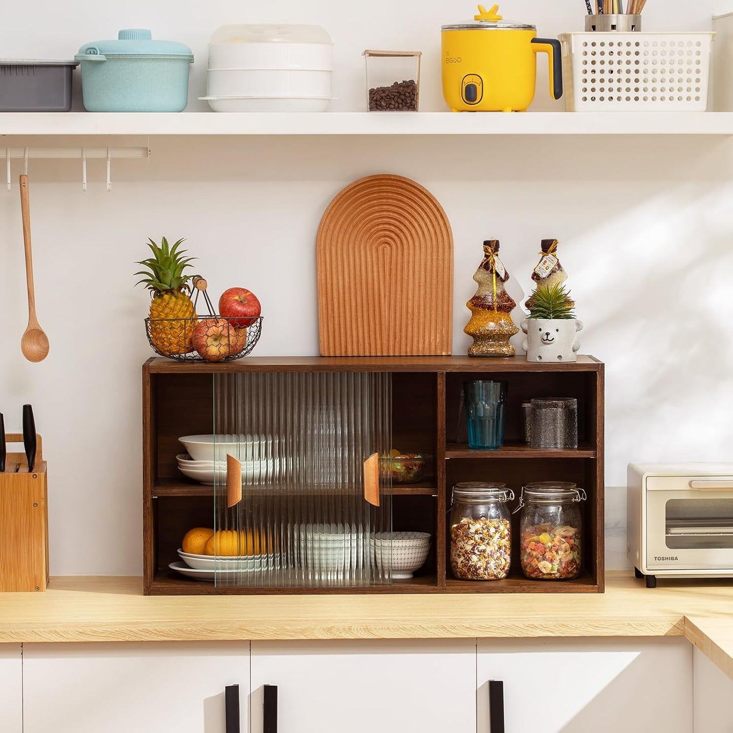 Tiita Small Kitchen Pantry Cabinet, Bamboo Wall Sideboard with Glass Doors, Cupboard Food Pantry Cabinet for Kitchen, Living Room and Dinning Bedroom
