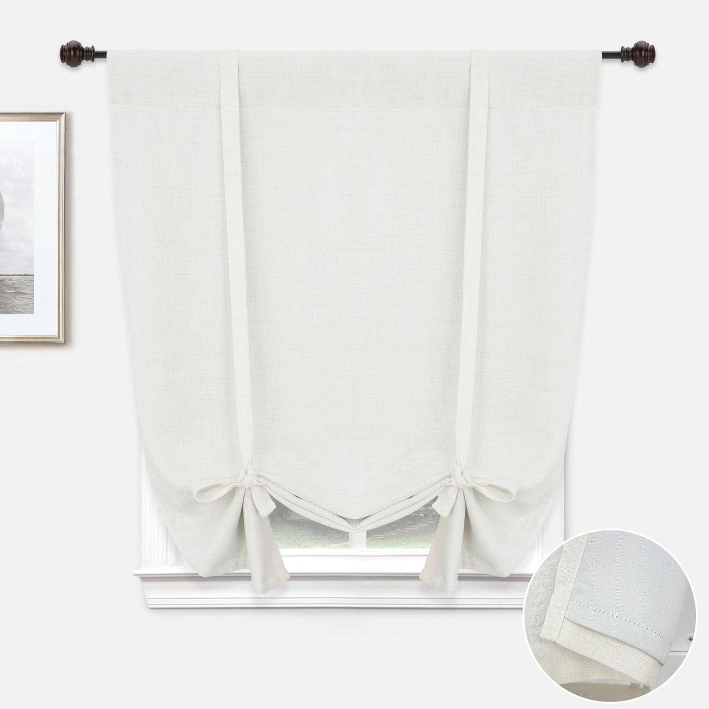 DriftAway Double Layer Linen Blackout Tie Up Curtains Thermal Insulated Fully Lined Balloon Roman Shade Bathroom Window Adjustable Rod Pocket for Small Window 31 Inch by 47 Inch Light Linen