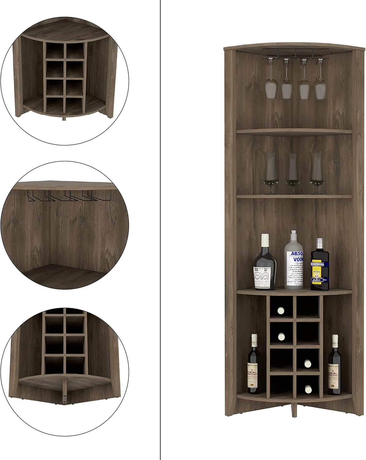 Penau Corner Bar Cabinet Three Shelves Eight Built-in Wine Rack Two Side Shelves Dark Brown 19.20 x 19.20 x 71.10 Inchs