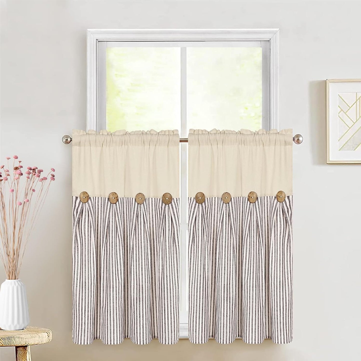 ASPMIZ Cotton Linen Window Treatment Tiers 24 Inch, Boho Rustic Button Kitchen Curtains Farmhouse Style, Grey Stripe Half Window Curtains, Country Short Rod Pocket Curtain for Small Window, 2 Panels