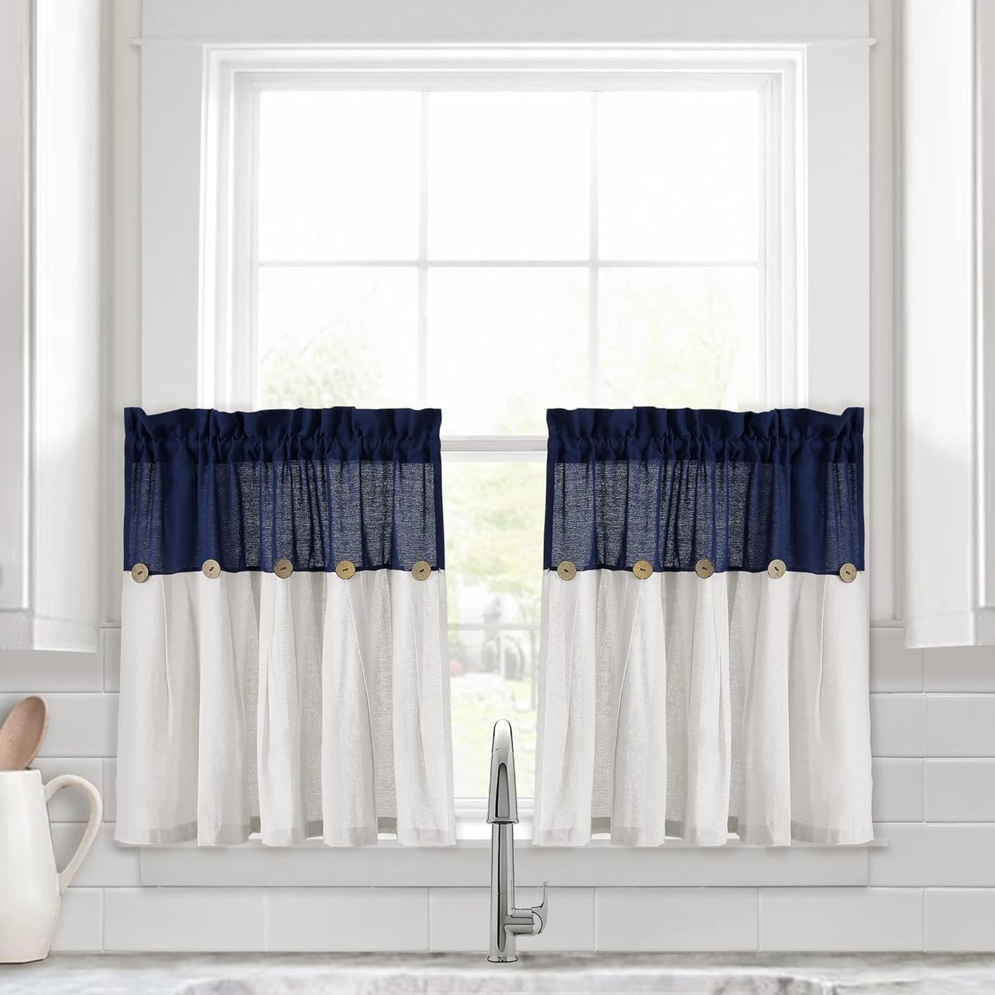 Lush Decor Linen Button Farmhouse Curtains Tier Set, Pair, 29" W x 36" L, Gray & White Farmhouse Curtains Kitchen