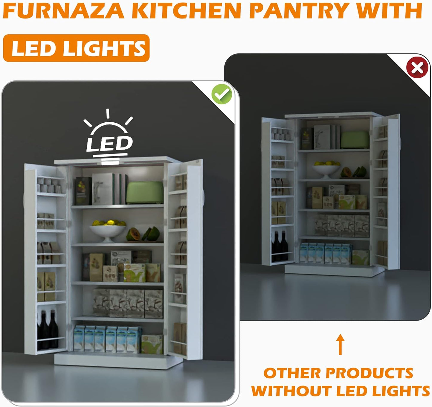 50" LED Kitchen Pantry Storage Cabinets - Standing Food Cabinets Cupboards with 2 Doors with Racks and Shelves Adjustable for Small Space in Dinning Room, Living Room, in White